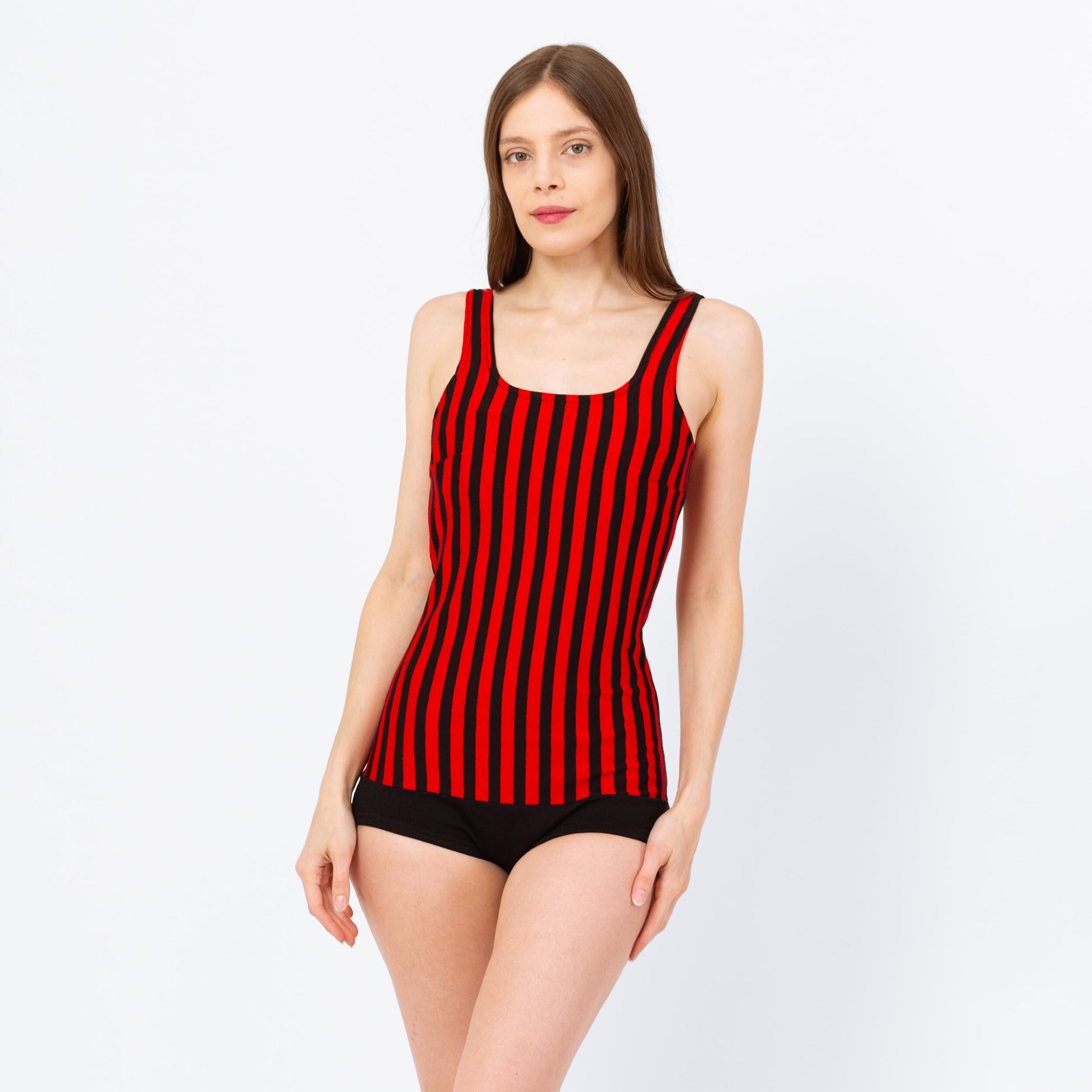 Vintage 70s Red & Black Striped One Piece Swimsuit - Medium | Retro Low Back Gothic Rockabilly Pinup Bathing Suit