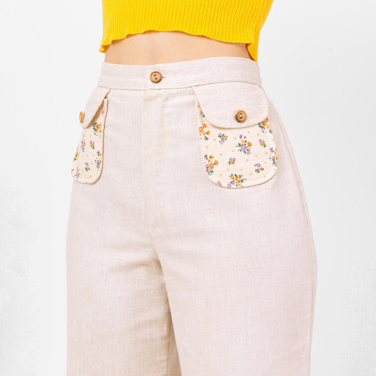 Vintage 70s Floral Pocket Flared Pants - Medium, 29" Waist | Boho High Waisted Oatmeal Bell Bottom Folk Cottagecore Flares