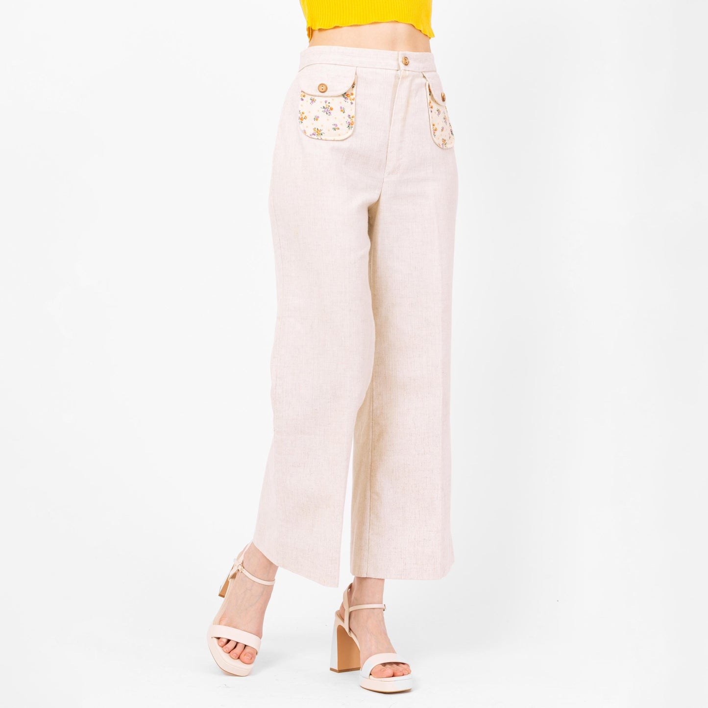 Vintage 70s Floral Pocket Flared Pants - Medium, 29" Waist | Boho High Waisted Oatmeal Bell Bottom Folk Cottagecore Flares