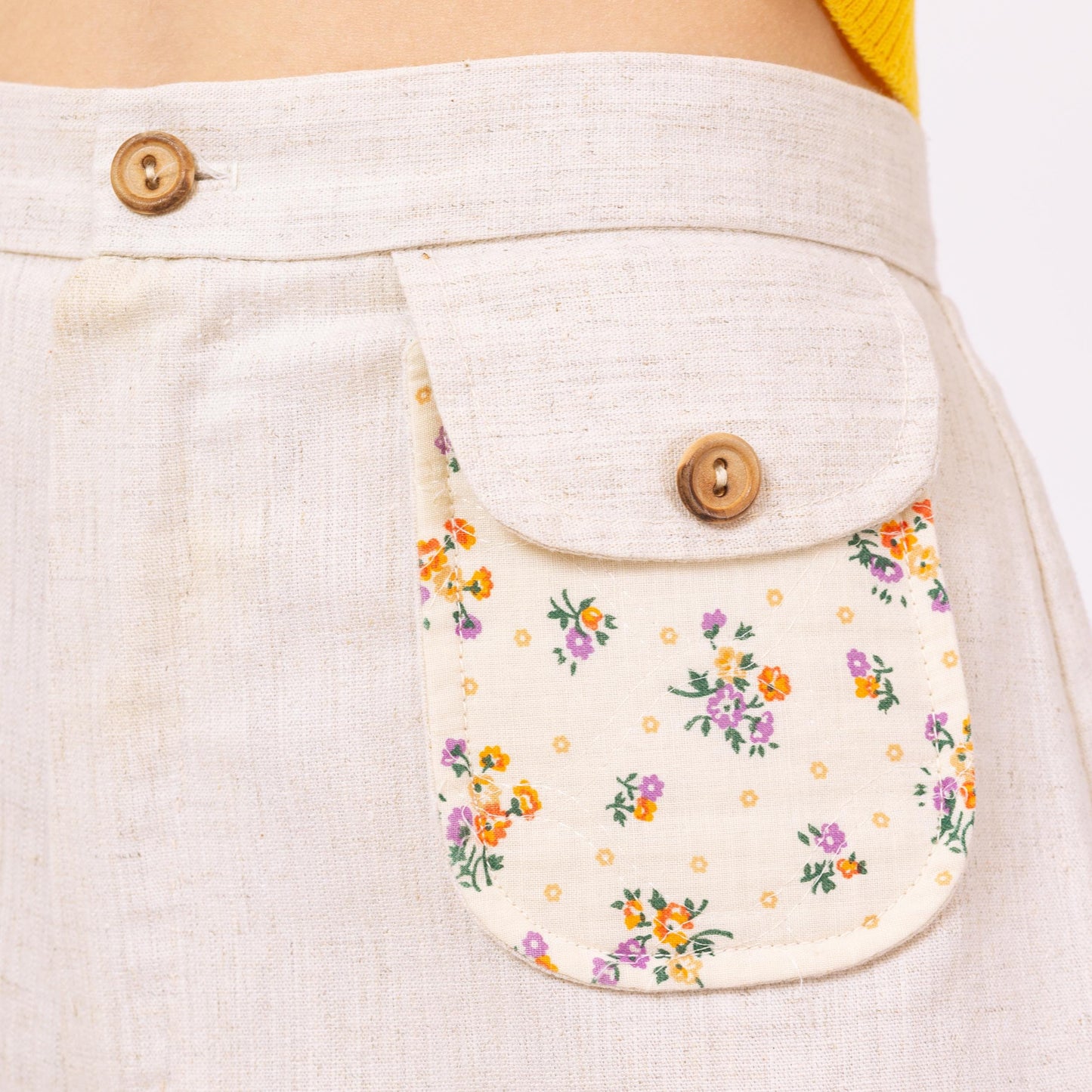 Vintage 70s Floral Pocket Flared Pants - Medium, 29" Waist | Boho High Waisted Oatmeal Bell Bottom Folk Cottagecore Flares