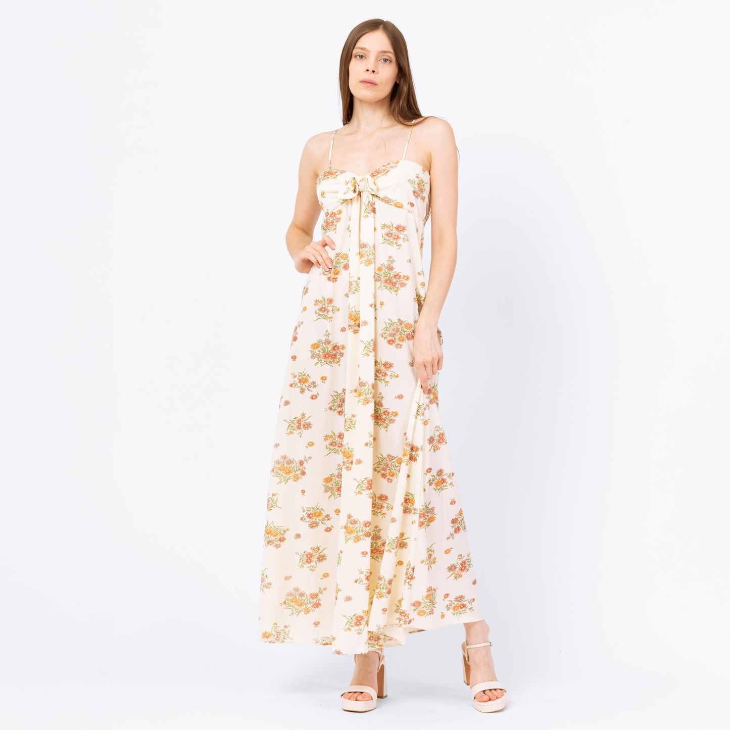 Vintage 70s Wildflower Floral Maxi Sundress - Small | Boho Cream Tie Front Spaghetti Strap Summer Date Night Wedding Guest Dress