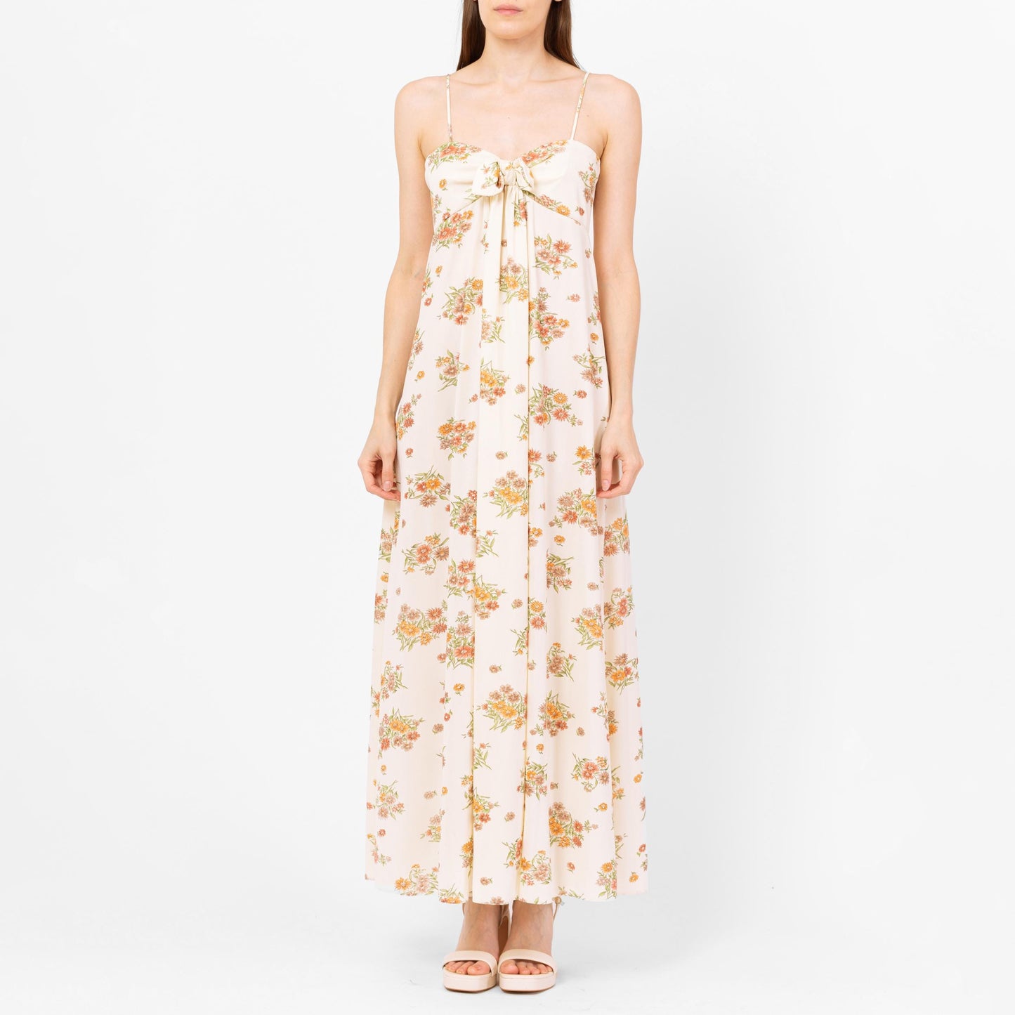 Vintage 70s Wildflower Floral Maxi Sundress - Small | Boho Cream Tie Front Spaghetti Strap Summer Date Night Wedding Guest Dress