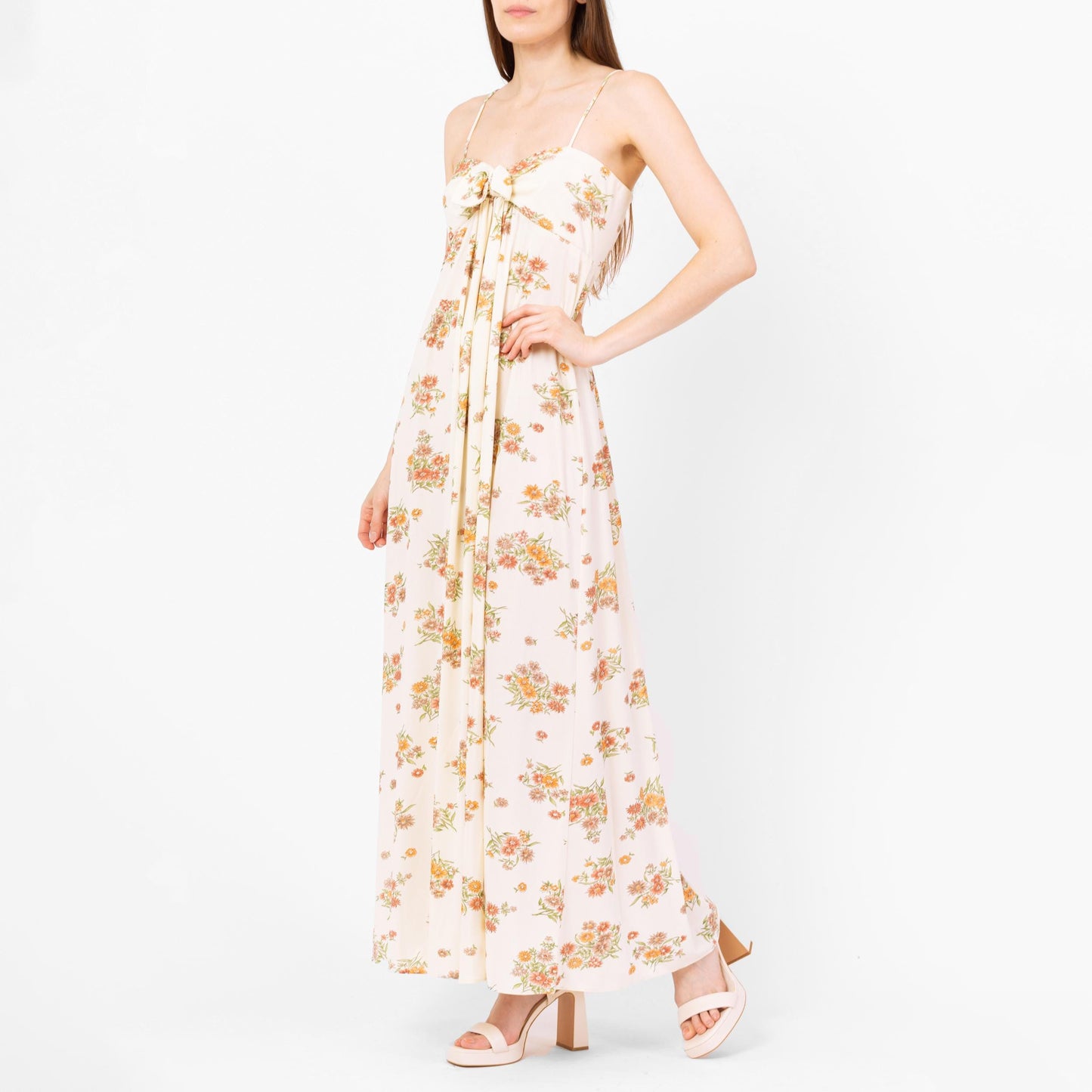 Vintage 70s Wildflower Floral Maxi Sundress - Small | Boho Cream Tie Front Spaghetti Strap Summer Date Night Wedding Guest Dress