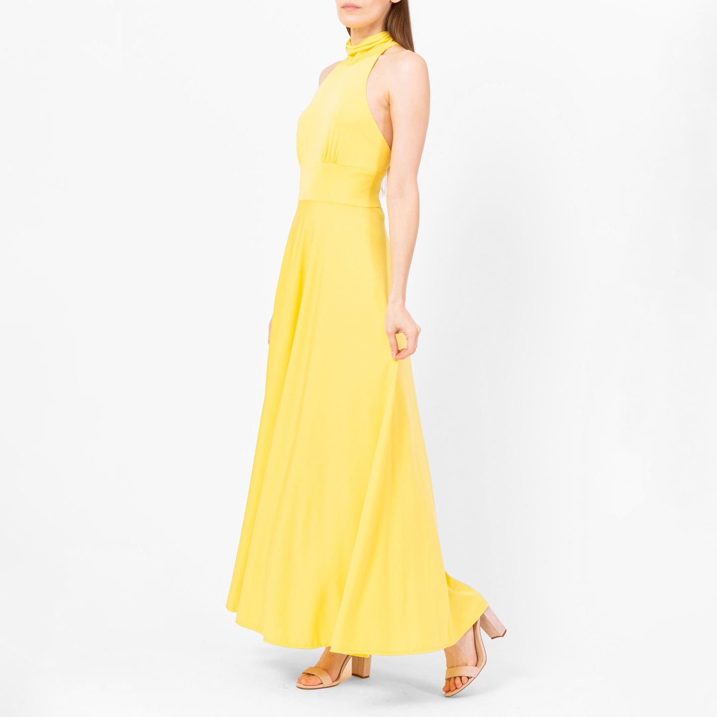 Vintage 70s Lillie Rubin Yellow Maxi Halter Dress - Extra Small | Boho Low Back Summer Disco Sundress, Wedding Guest Dress