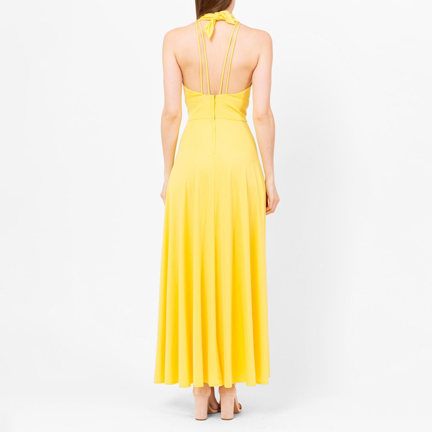 Vintage 70s Lillie Rubin Yellow Maxi Halter Dress - Extra Small | Boho Low Back Summer Disco Sundress, Wedding Guest Dress