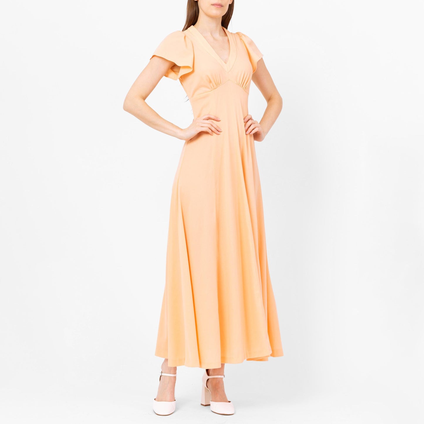 Vintage 70s Peach Flutter Sleeve Maxi Dress - Extra Small | Retro Empire Waist Disco Prom Party Dress