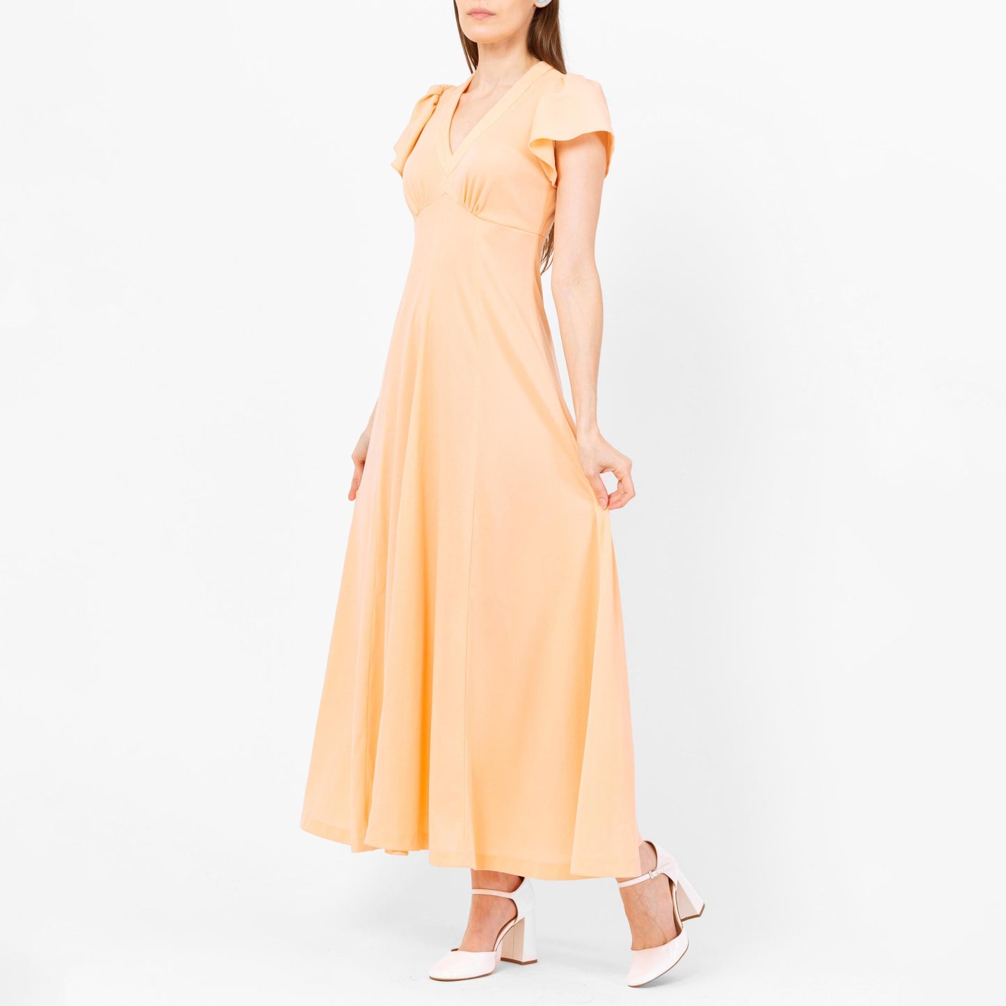 Vintage 70s Peach Flutter Sleeve Maxi Dress - Extra Small | Retro Empire Waist Disco Prom Party Dress