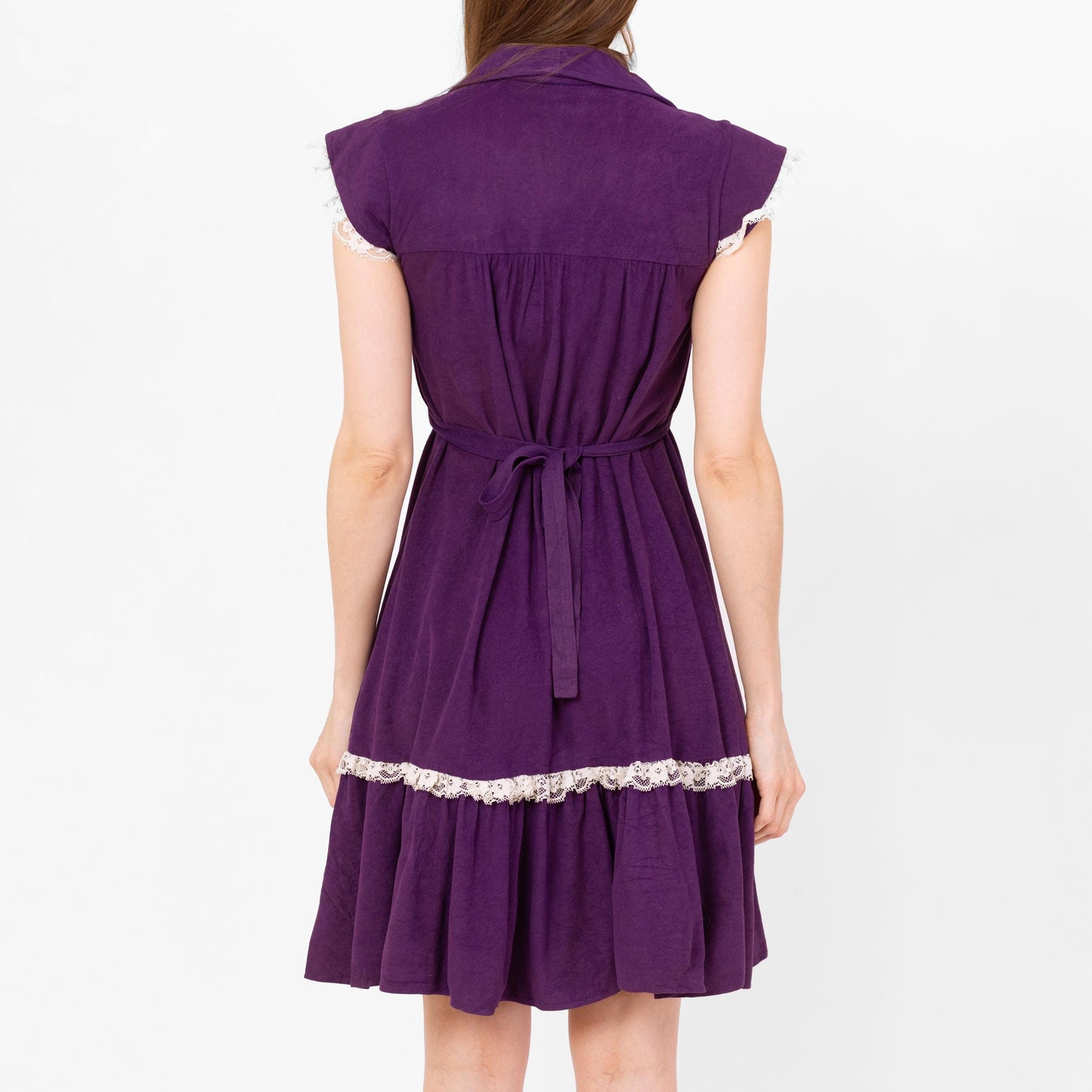 Vintage 70s Purple Lace Trim Prairie Mini Dress - Extra Small | Boho Knee Length Felt Sundress, A-Line Cottagecore Folk Dress
