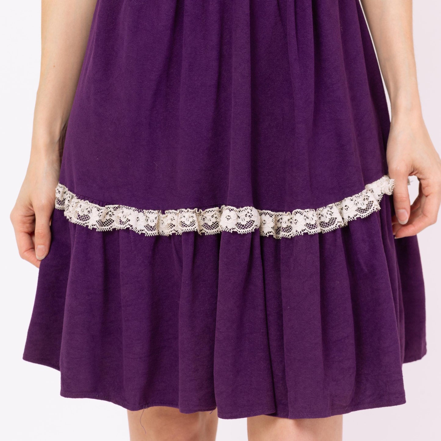 Vintage 70s Purple Lace Trim Prairie Mini Dress - Extra Small | Boho Knee Length Felt Sundress, A-Line Cottagecore Folk Dress
