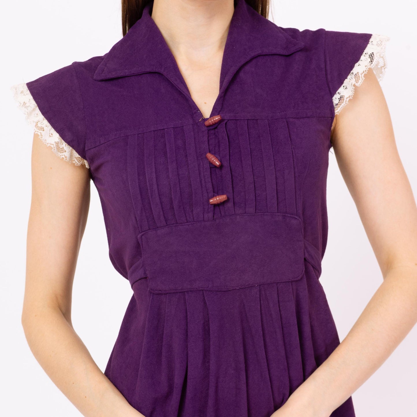 Vintage 70s Purple Lace Trim Prairie Mini Dress - Extra Small | Boho Knee Length Felt Sundress, A-Line Cottagecore Folk Dress