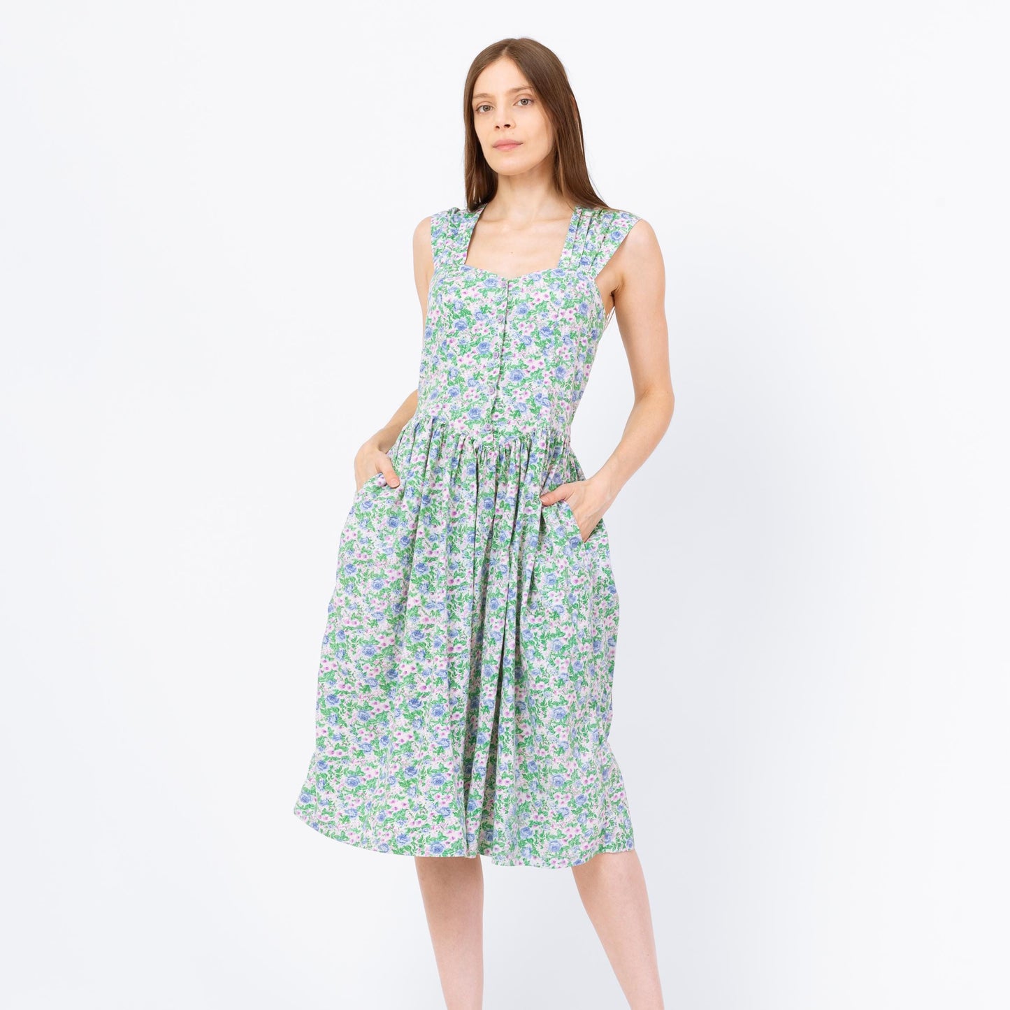 Vintage 80s Floral Cotton Fit & Flare Midi Sundress - Small | Boho Green Purple Basque Waist Button Front Sleeveless Pocket Dress