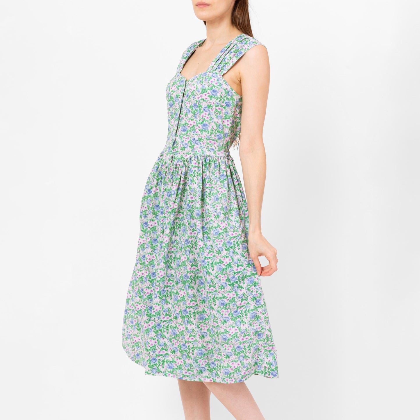 Vintage 80s Floral Cotton Fit & Flare Midi Sundress - Small | Boho Green Purple Basque Waist Button Front Sleeveless Pocket Dress