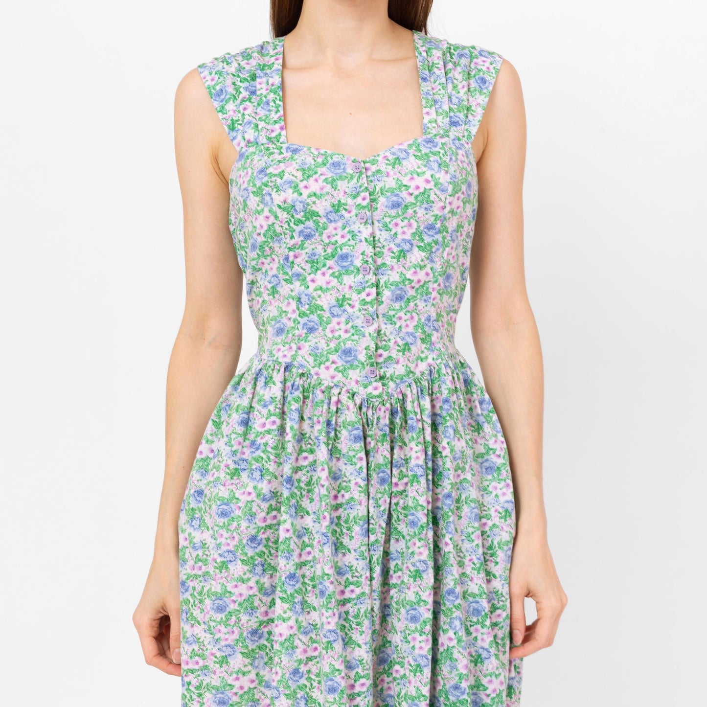 Vintage 80s Floral Cotton Fit & Flare Midi Sundress - Small | Boho Green Purple Basque Waist Button Front Sleeveless Pocket Dress