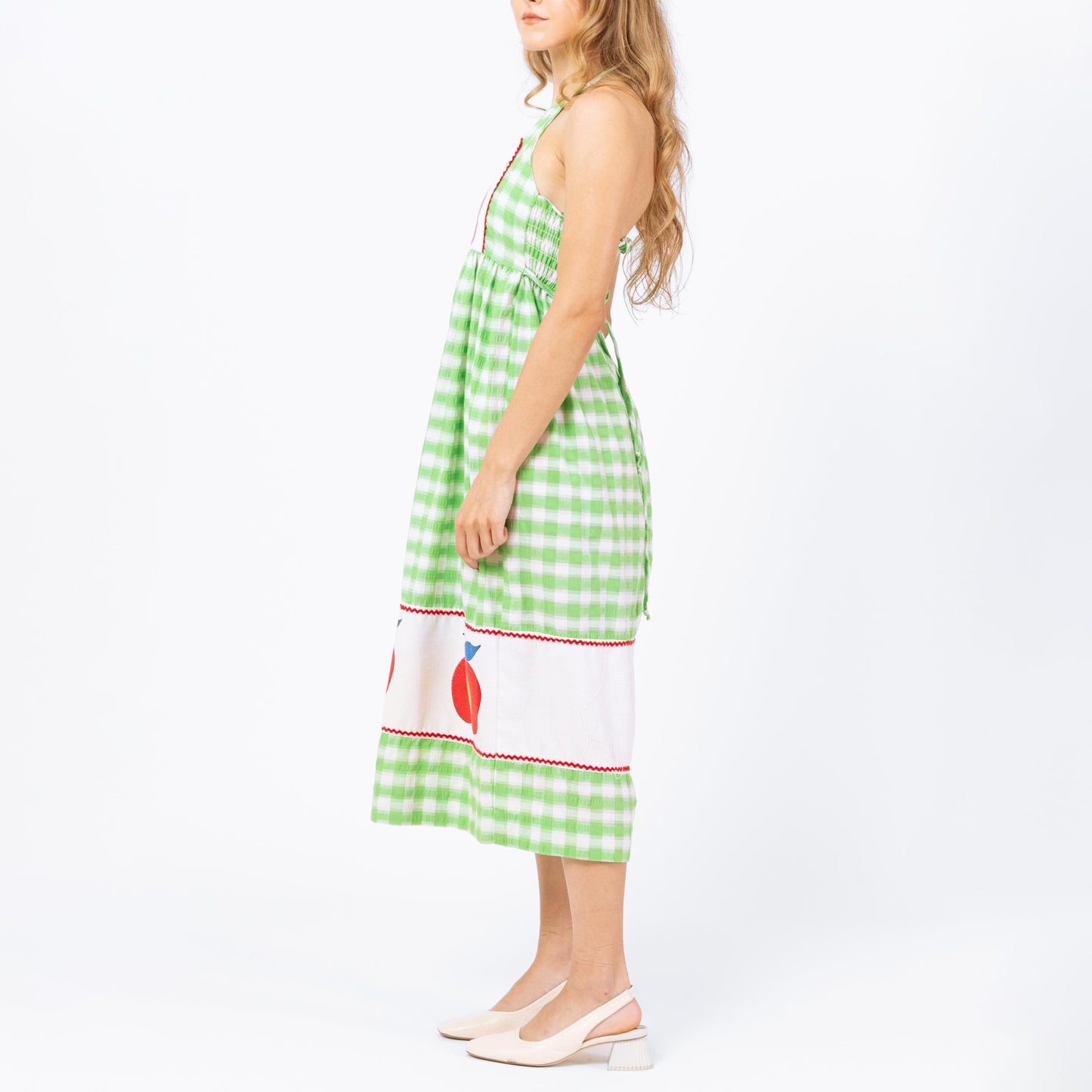Vintage 70s Green Gingham Apple Print Sundress - Petite XS | Boho Novelty Summer Picnic Dress, Seersucker Cottagecore Halter Midi Dress