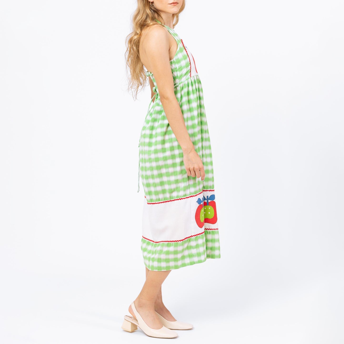 Vintage 70s Green Gingham Apple Print Sundress - Petite XS | Boho Novelty Summer Picnic Dress, Seersucker Cottagecore Halter Midi Dress