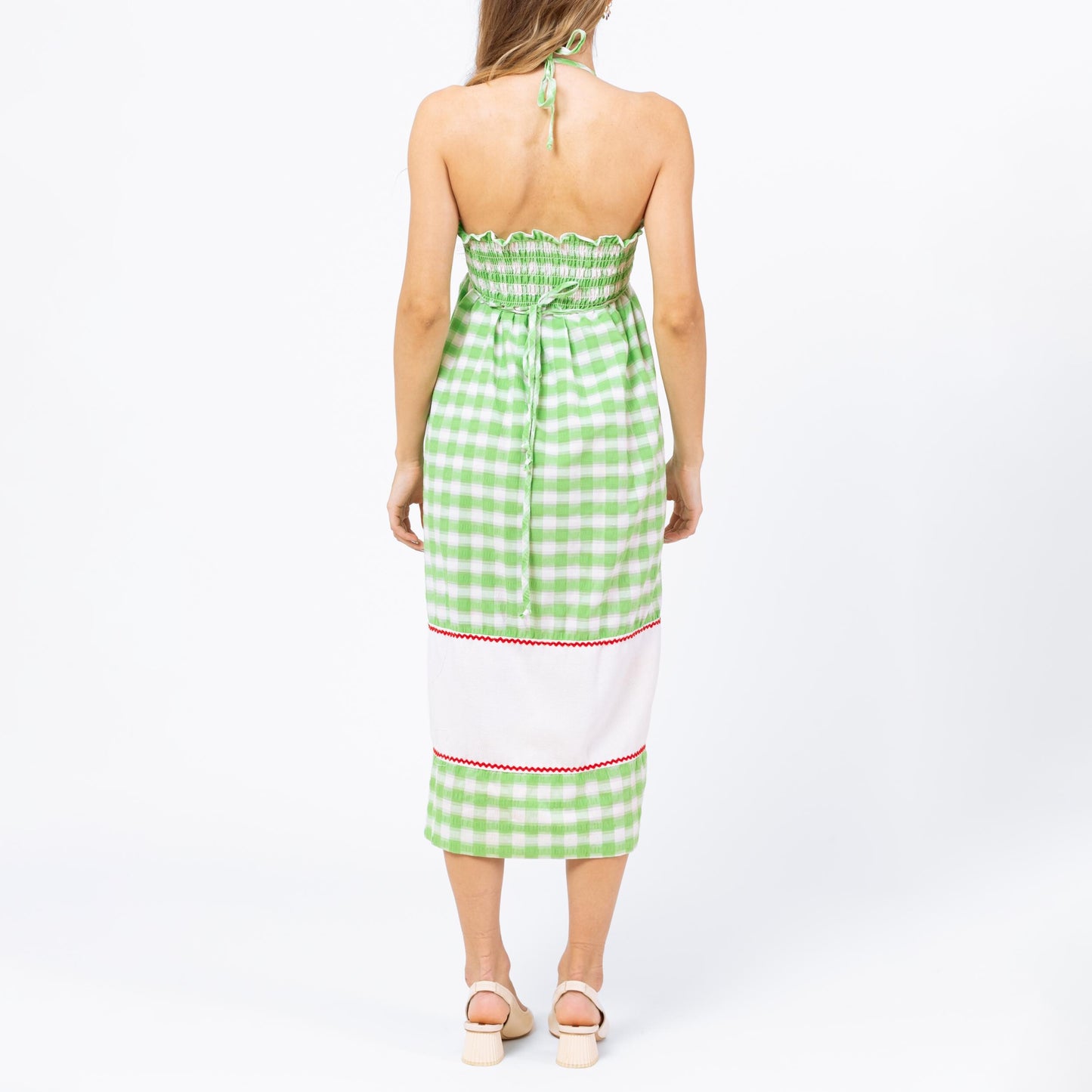 Vintage 70s Green Gingham Apple Print Sundress - Petite XS | Boho Novelty Summer Picnic Dress, Seersucker Cottagecore Halter Midi Dress