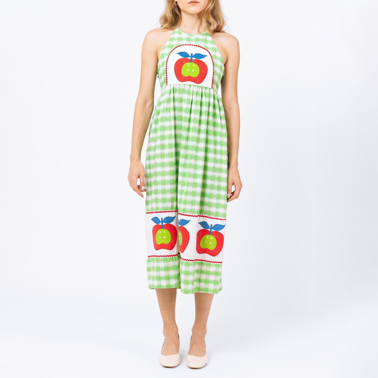 Vintage 70s Green Gingham Apple Print Sundress - Petite XS | Boho Novelty Summer Picnic Dress, Seersucker Cottagecore Halter Midi Dress