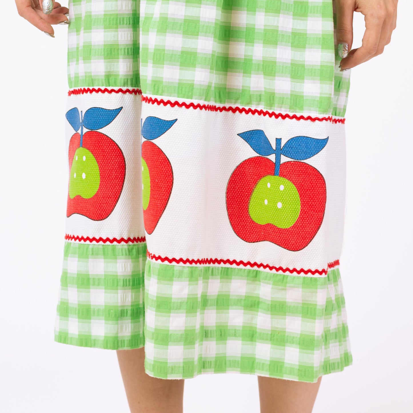 Vintage 70s Green Gingham Apple Print Sundress - Petite XS | Boho Novelty Summer Picnic Dress, Seersucker Cottagecore Halter Midi Dress