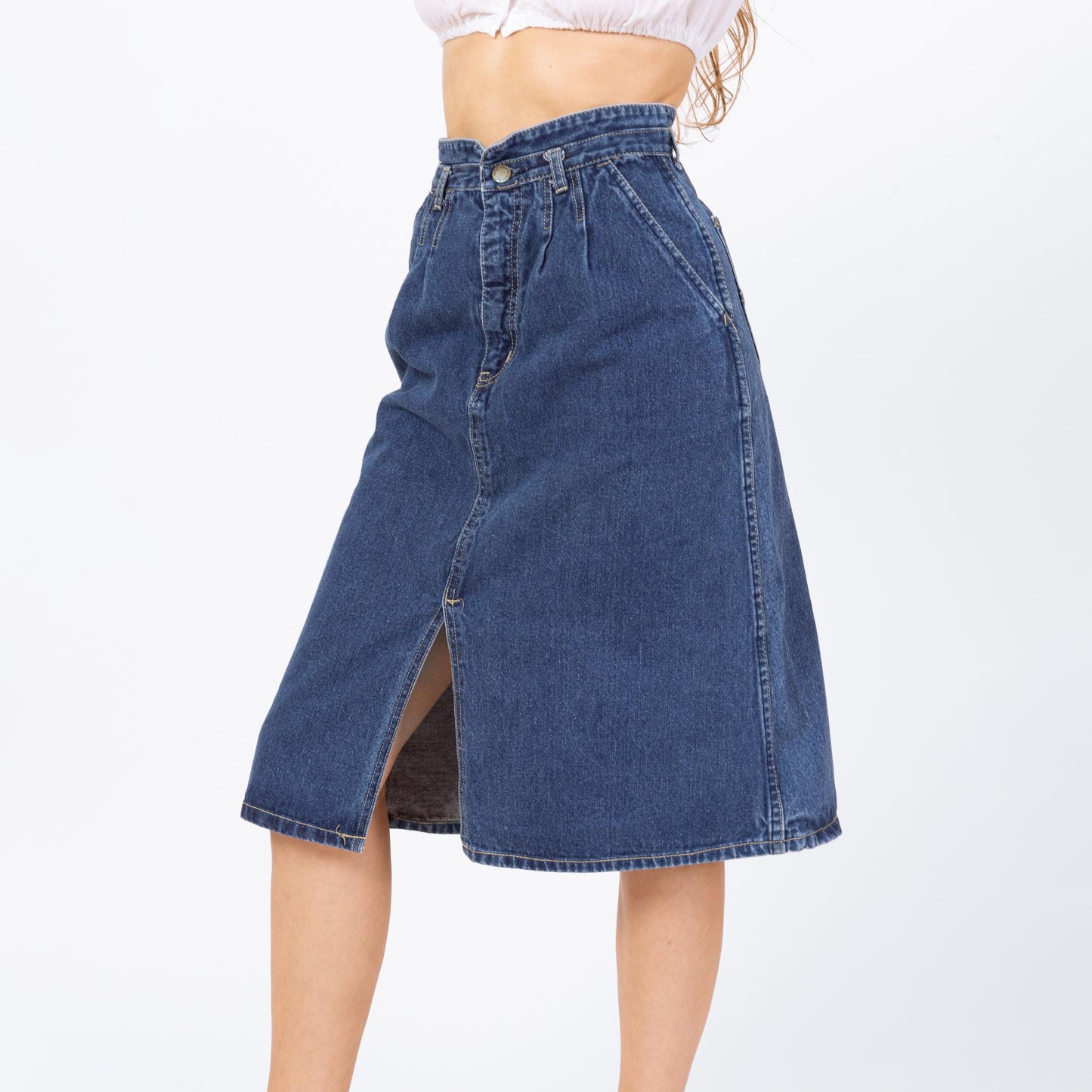 Vintage 70s Western Denim A-Line Skirt - Extra Small, 24" Waist | Americana Blue Jean High Waisted Knee Length Midi Skirt