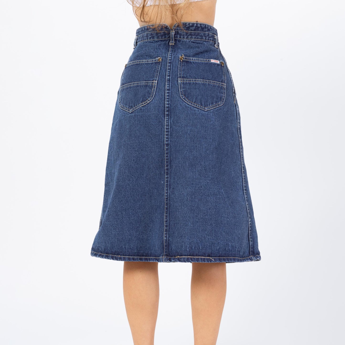 Vintage 70s Western Denim A-Line Skirt - Extra Small, 24" Waist | Americana Blue Jean High Waisted Knee Length Midi Skirt