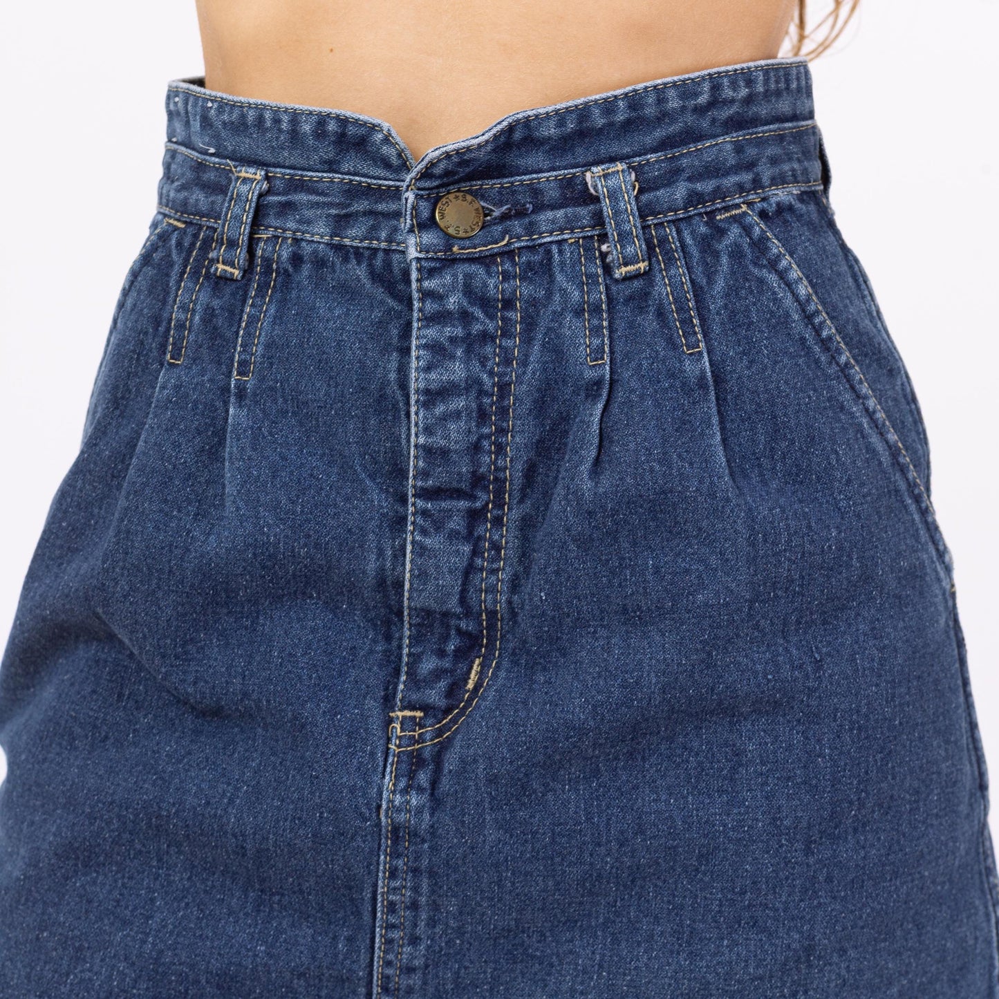 Vintage 70s Western Denim A-Line Skirt - Extra Small, 24" Waist | Americana Blue Jean High Waisted Knee Length Midi Skirt