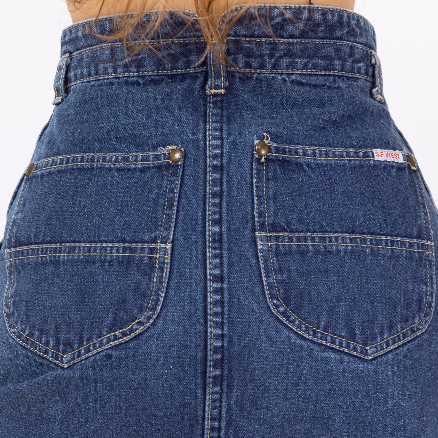 Vintage 70s Western Denim A-Line Skirt - Extra Small, 24" Waist | Americana Blue Jean High Waisted Knee Length Midi Skirt