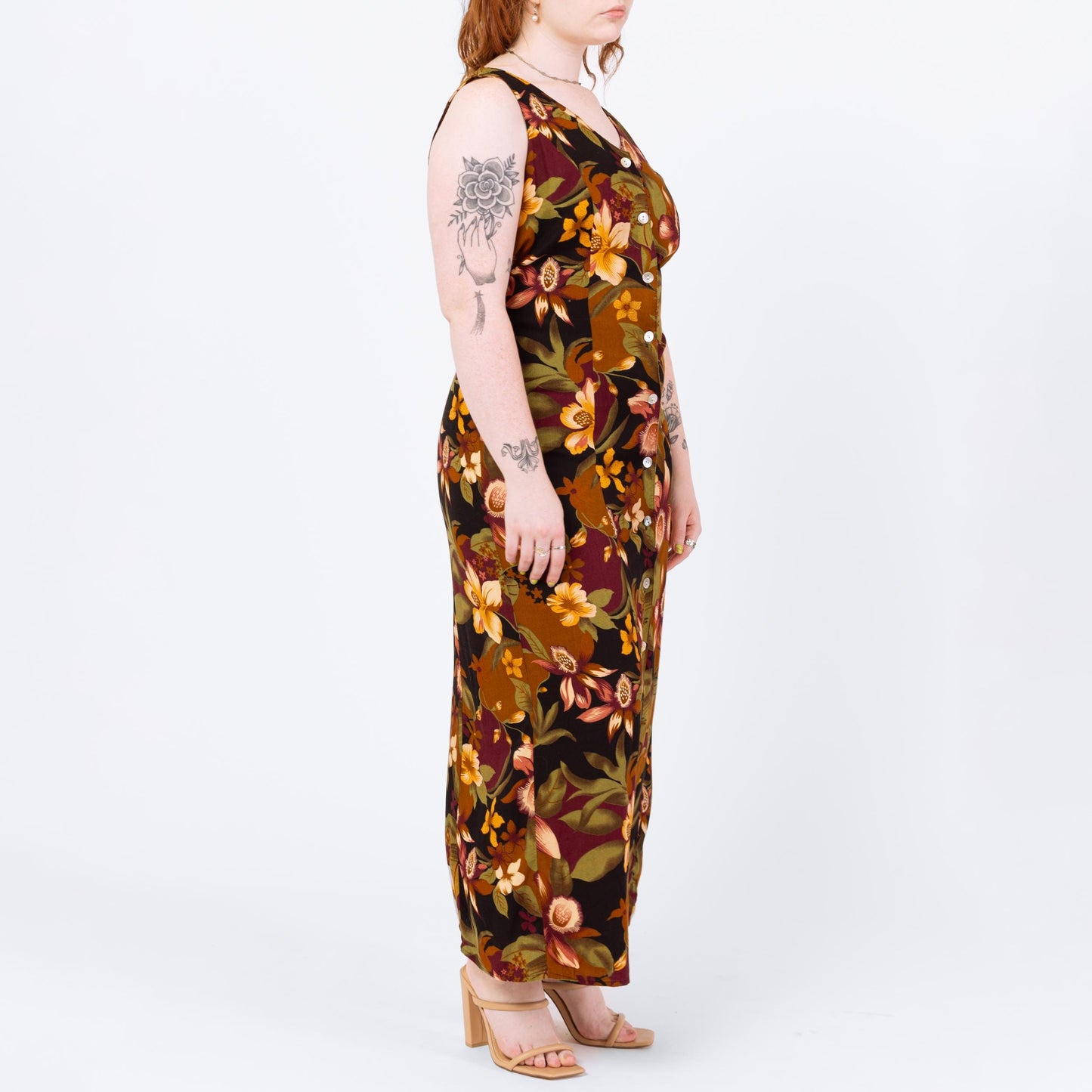 Vintage 80s Tropical Floral Beaded Keyhole Back Sundress - Large | Boho Sleeveless Summer Maxi Dress, Earth Tone Print Rayon Dress