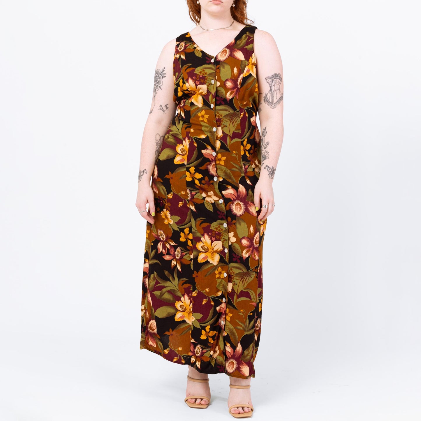 Vintage 80s Tropical Floral Beaded Keyhole Back Sundress - Large | Boho Sleeveless Summer Maxi Dress, Earth Tone Print Rayon Dress