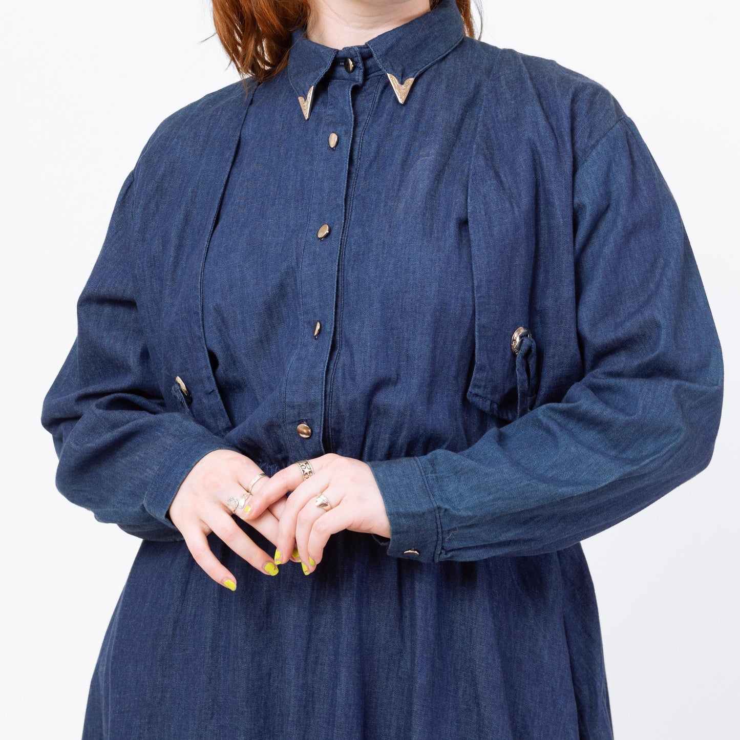 Vintage 80s Western Chambray Concho Maxi Dress - Medium to Large | Sassa Retro Rockabilly Long Sleeve Denim Shirtdress