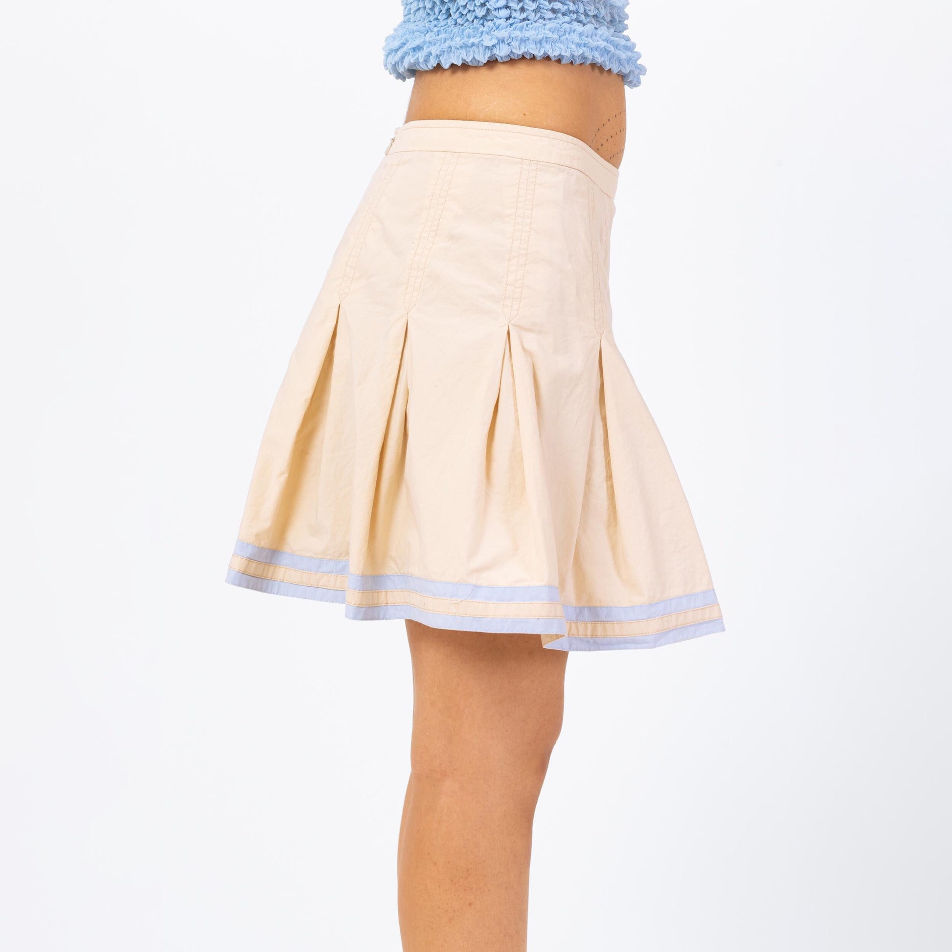 Vintage 90s Y2K Pleated Mini Parachute Skirt - Medium | Mid Rise Khaki Striped Trim Schoolgirl Miniskirt