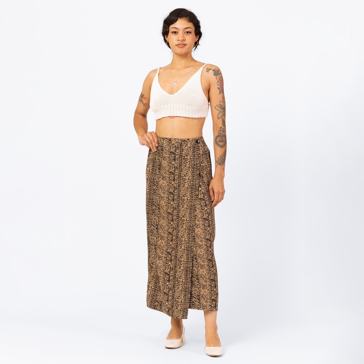 Vintage 90s French Connection Floral Maxi Wrap Skirt - Small, 26" Waist | Boho High Waisted Blue Tan Long Summer Skirt