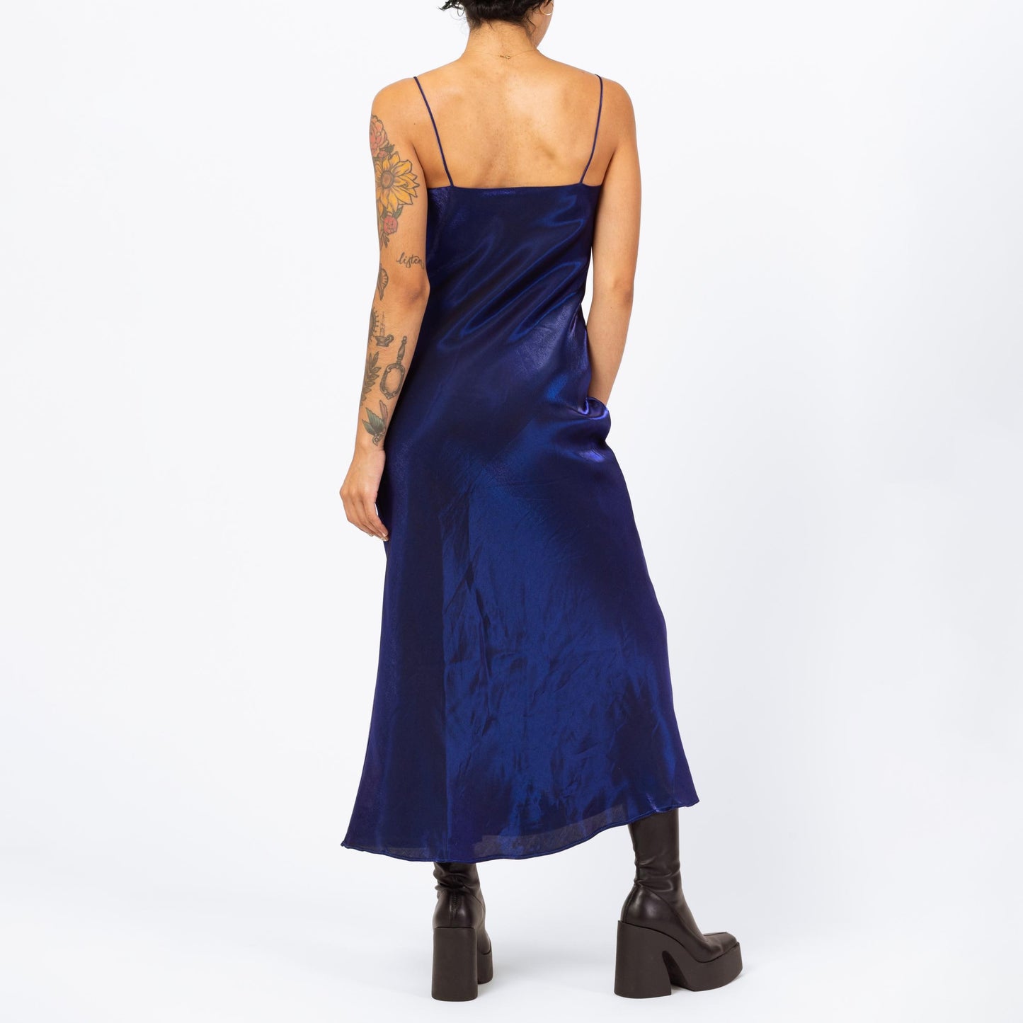 Vintage 90s Royal Blue Satin Rosette Maxi Slip Dress - Small to Medium | Bias Cut Formal Evening Gown, Spaghetti Strap Wedding Guest Look