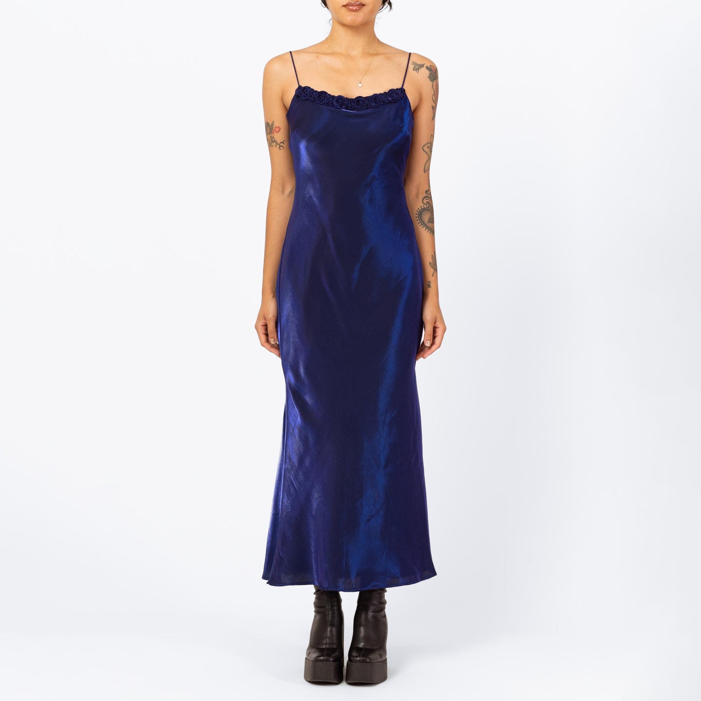 Vintage 90s Royal Blue Satin Rosette Maxi Slip Dress - Small to Medium | Bias Cut Formal Evening Gown, Spaghetti Strap Wedding Guest Look