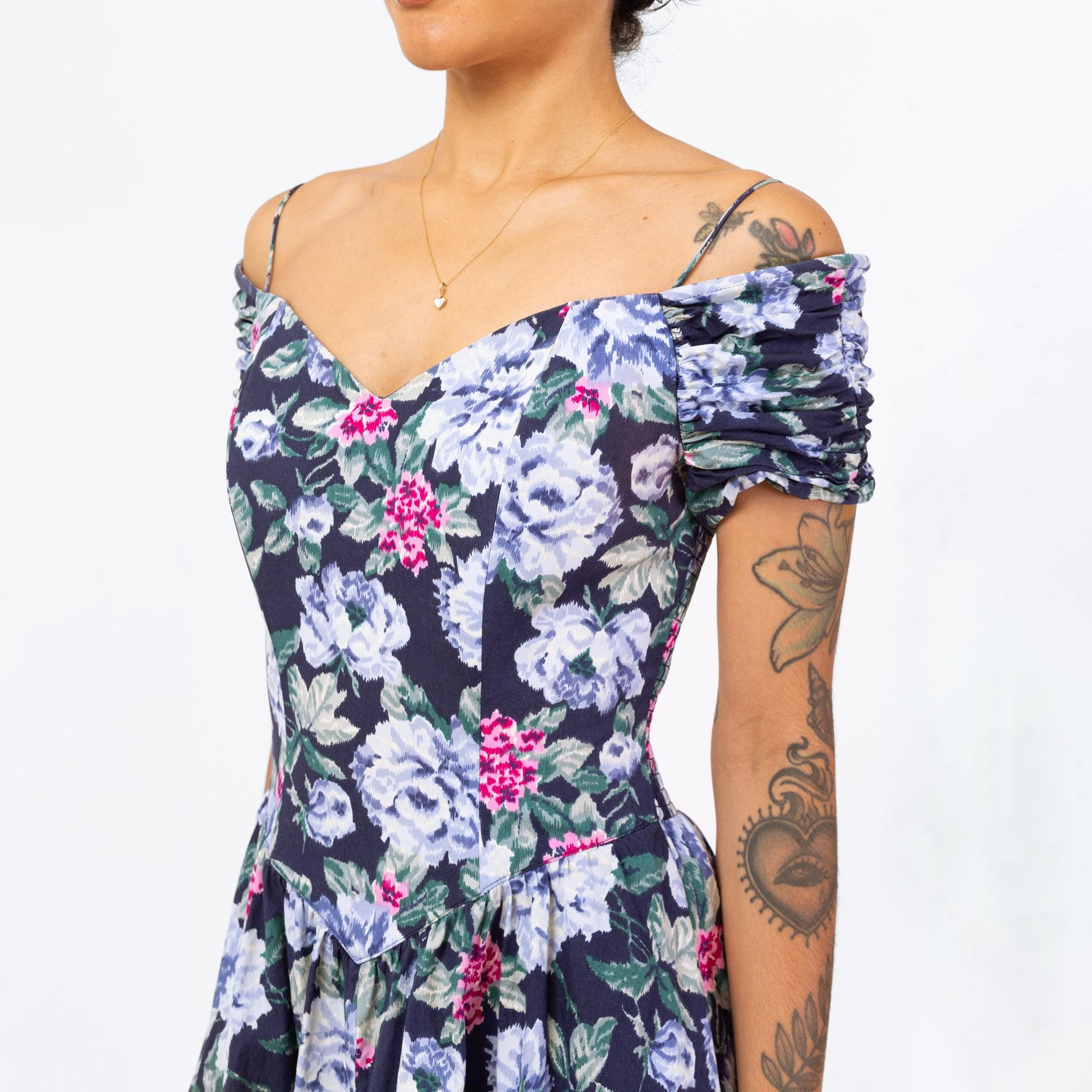 Vintage 80s Blue Floral Off-Shoulder Fit & Flare Midi Dress - Small to Medium | Boho Basque Waist Cottagecore Garden Party Dress