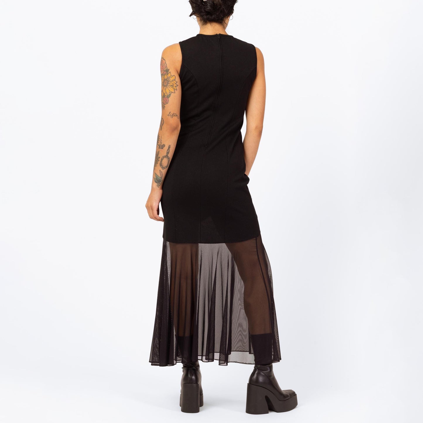 Vintage 90s Gothic Black Sheer Panel Maxi Dress - Small | Mesh Hem Sleeveless Sexy Bodycon Bandage Party Dress