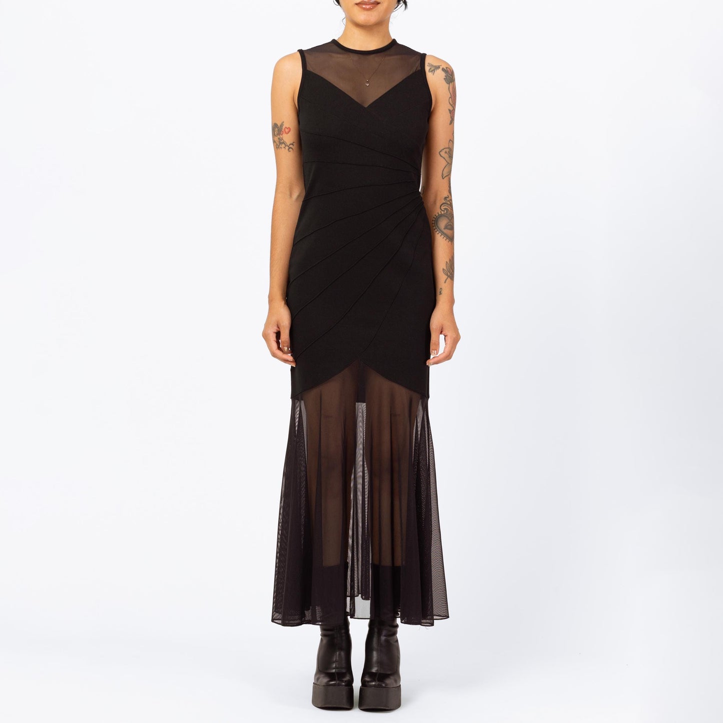 Vintage 90s Gothic Black Sheer Panel Maxi Dress - Small | Mesh Hem Sleeveless Sexy Bodycon Bandage Party Dress