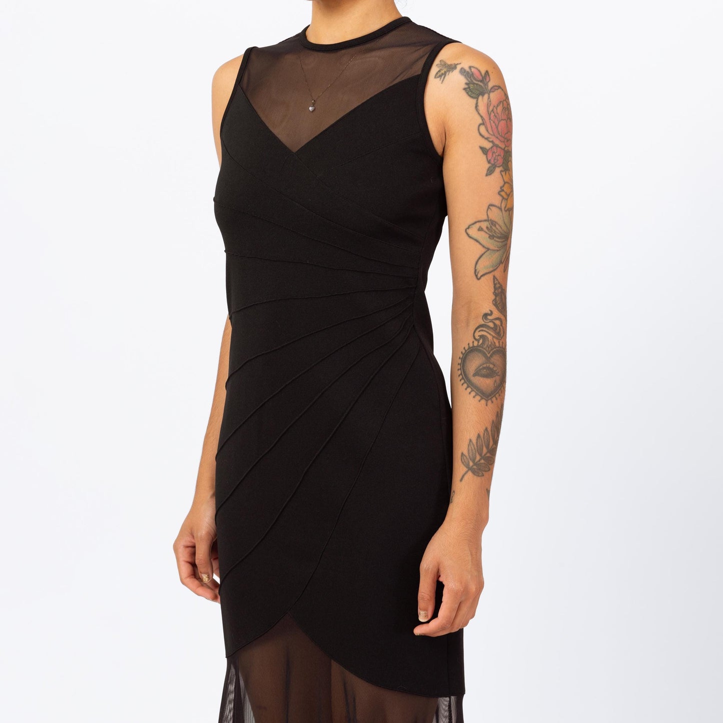 Vintage 90s Gothic Black Sheer Panel Maxi Dress - Small | Mesh Hem Sleeveless Sexy Bodycon Bandage Party Dress