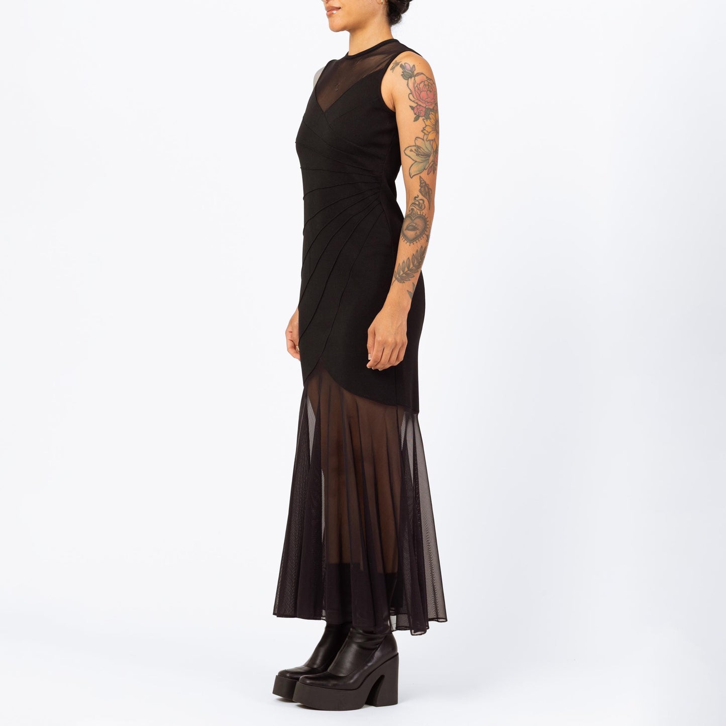 Vintage 90s Gothic Black Sheer Panel Maxi Dress - Small | Mesh Hem Sleeveless Sexy Bodycon Bandage Party Dress