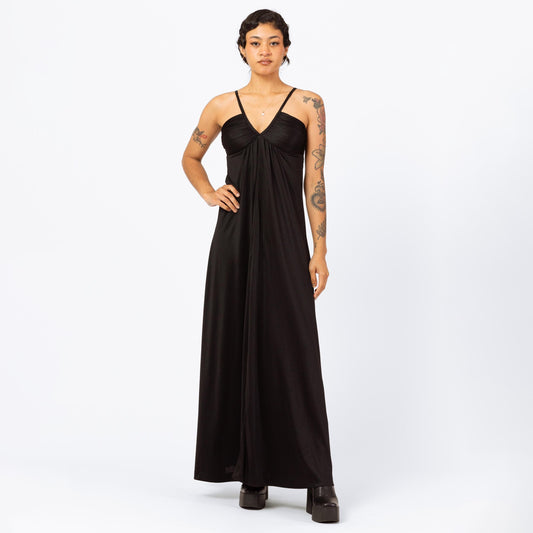 Vintage 70s Black V-Neck Disco Maxi Dress - Extra Small | Minimalist Sleeveless A Line Evening Gown, Spaghetti Strap Formal Party Dress