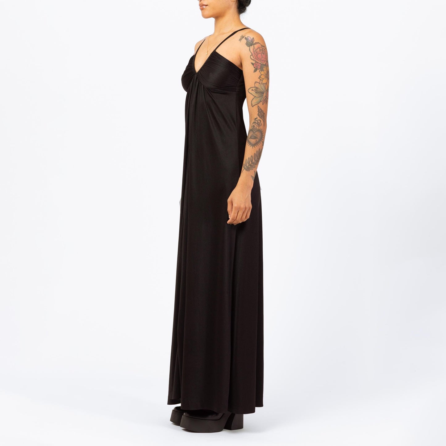 Vintage 70s Black V-Neck Disco Maxi Dress - Extra Small | Minimalist Sleeveless A Line Evening Gown, Spaghetti Strap Formal Party Dress
