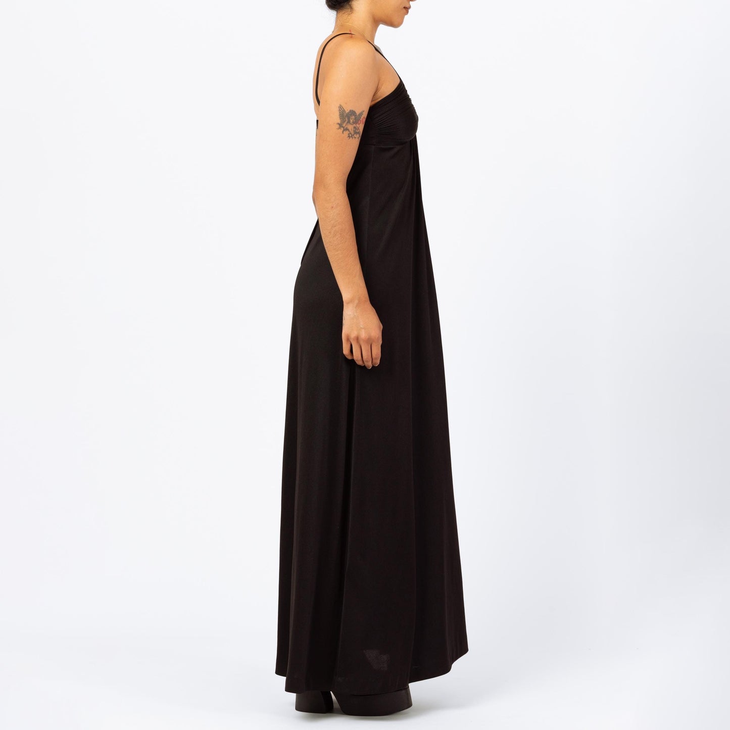Vintage 70s Black V-Neck Disco Maxi Dress - Extra Small | Minimalist Sleeveless A Line Evening Gown, Spaghetti Strap Formal Party Dress