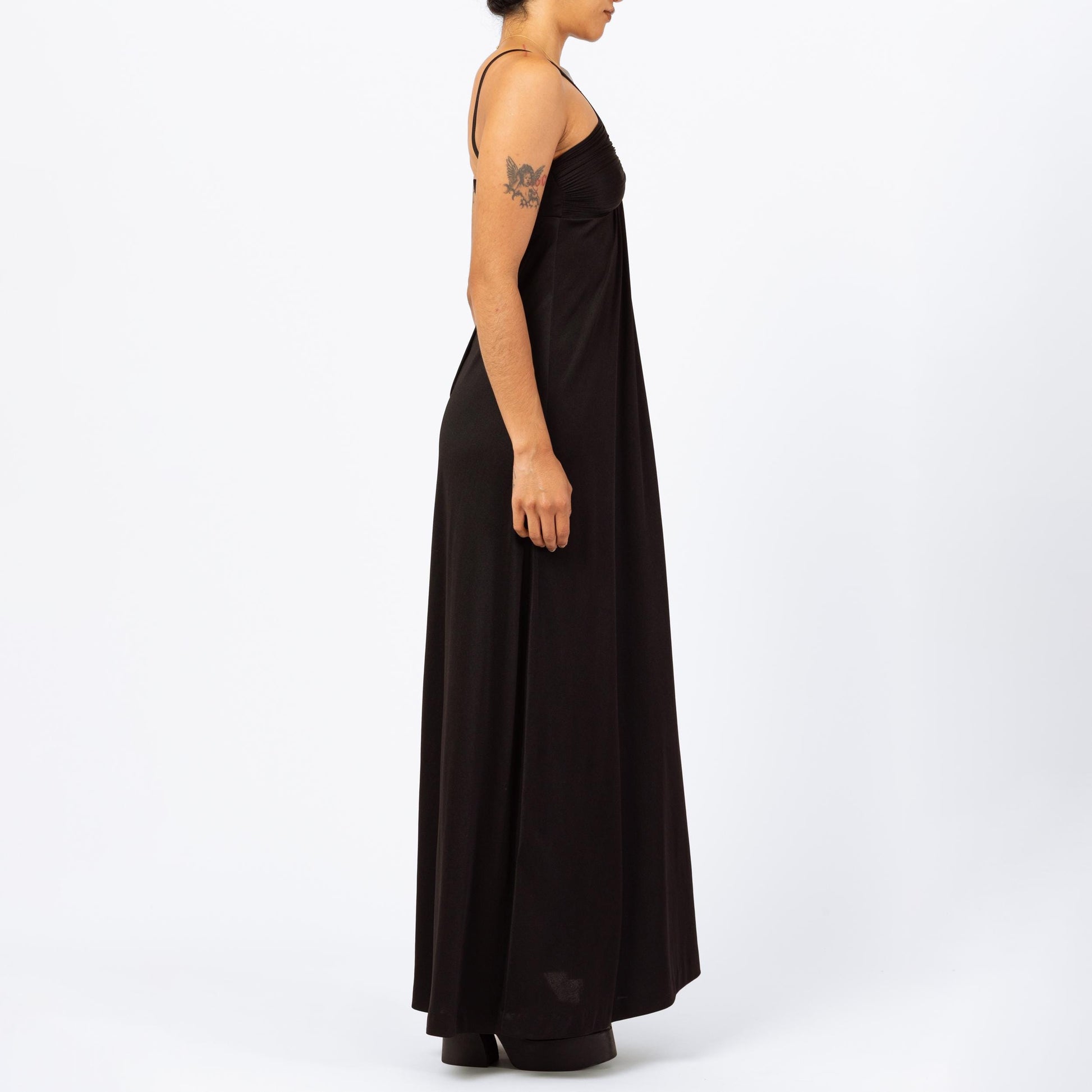 Vintage 70s Black V-Neck Disco Maxi Dress - Extra Small | Minimalist Sleeveless A Line Evening Gown, Spaghetti Strap Formal Party Dress
