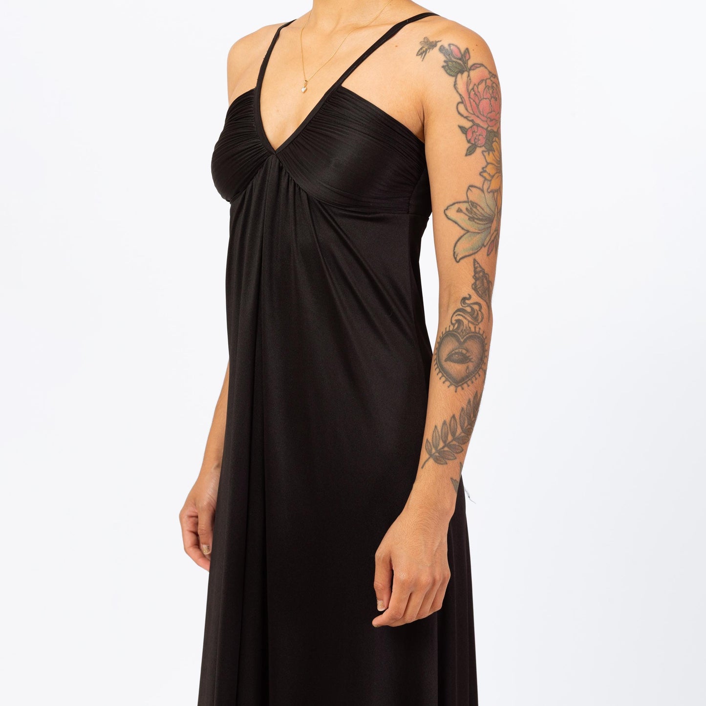 Vintage 70s Black V-Neck Disco Maxi Dress - Extra Small | Minimalist Sleeveless A Line Evening Gown, Spaghetti Strap Formal Party Dress