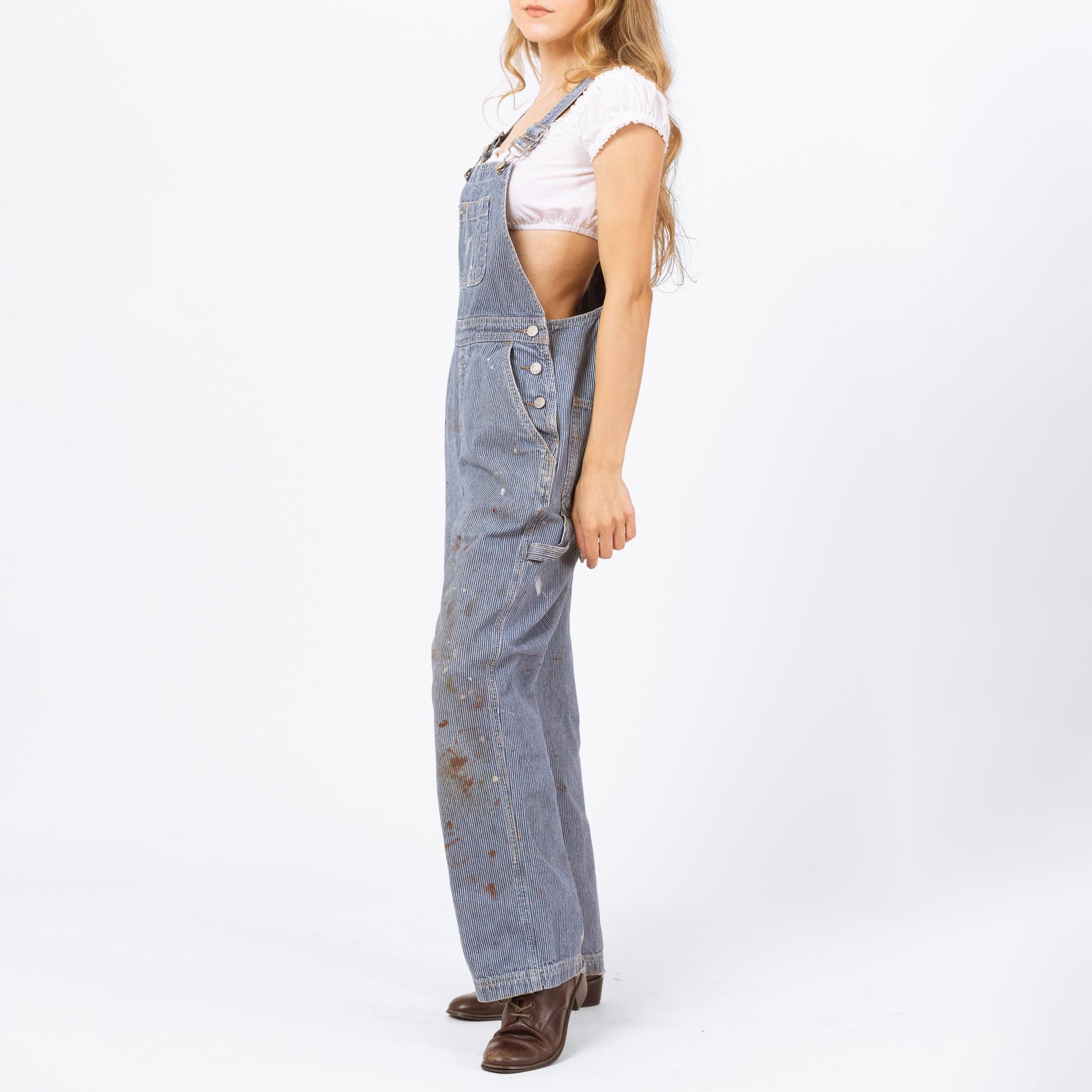 Vintage 90s Hickory Striped Paint Splattered Overalls - XS to Small | Gap Railroad Pinstripe Distressed Blue Jean Denim Women's Overall