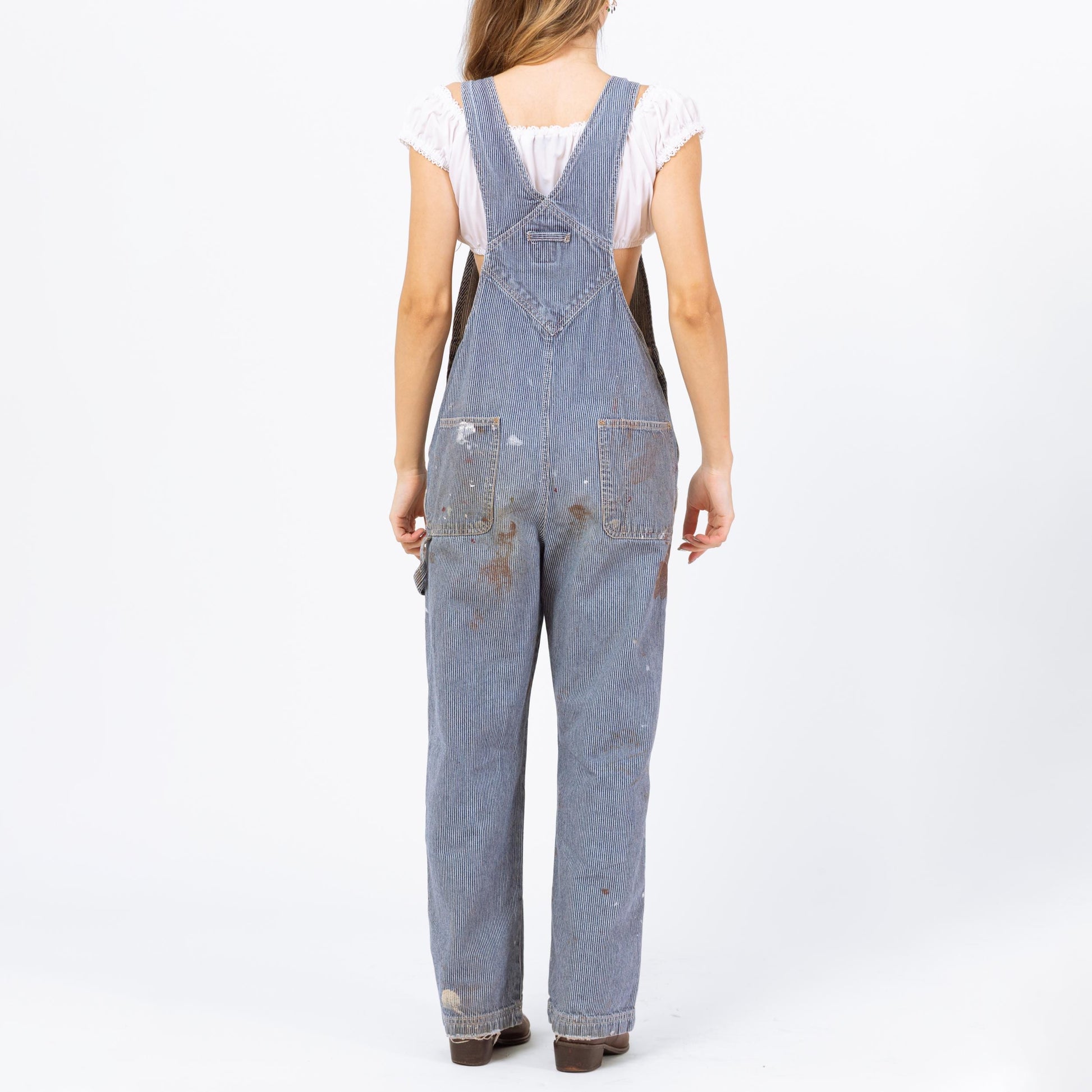 Vintage 90s Hickory Striped Paint Splattered Overalls - XS to Small | Gap Railroad Pinstripe Distressed Blue Jean Denim Women's Overall