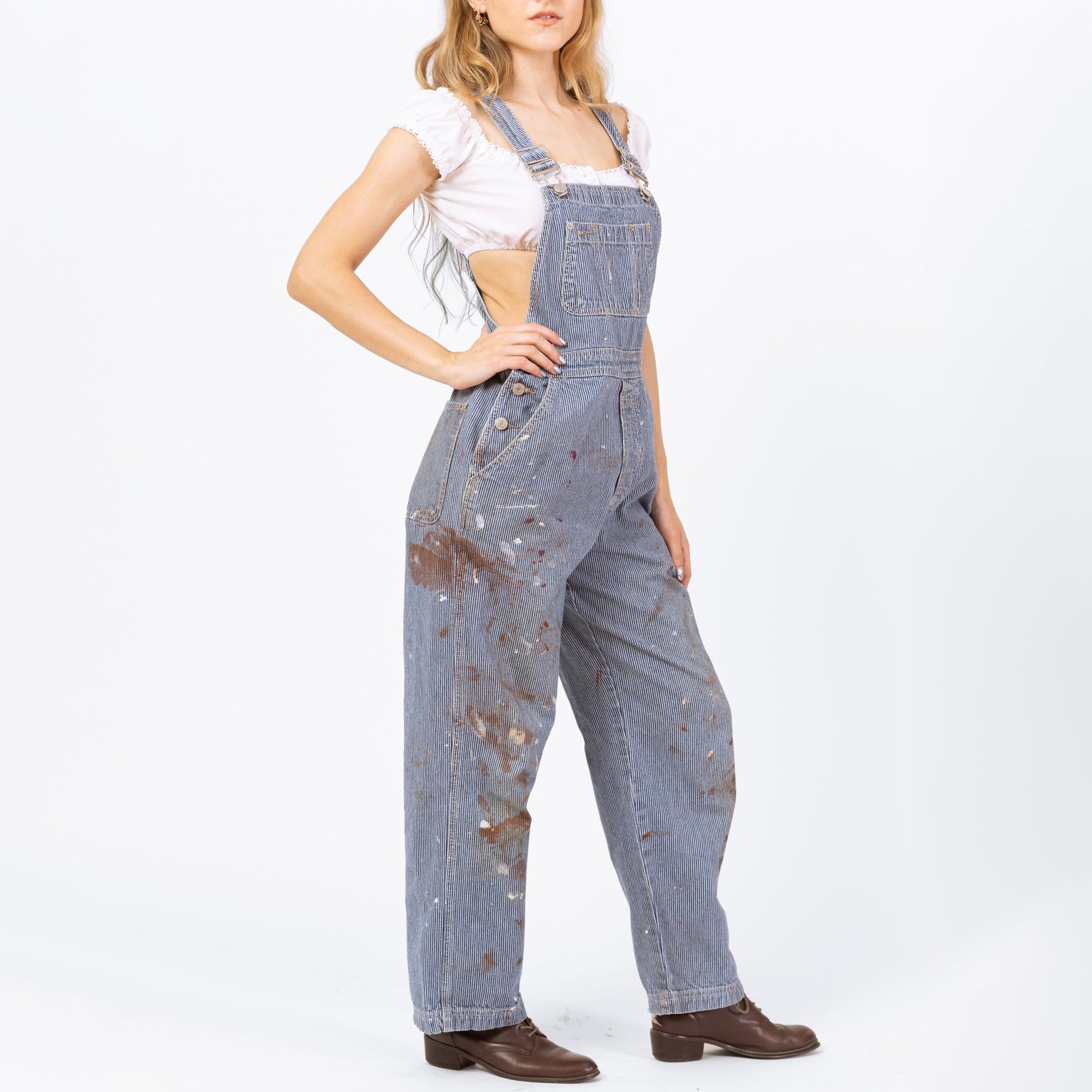Vintage 90s Hickory Striped Paint Splattered Overalls - XS to Small | Gap Railroad Pinstripe Distressed Blue Jean Denim Women's Overall
