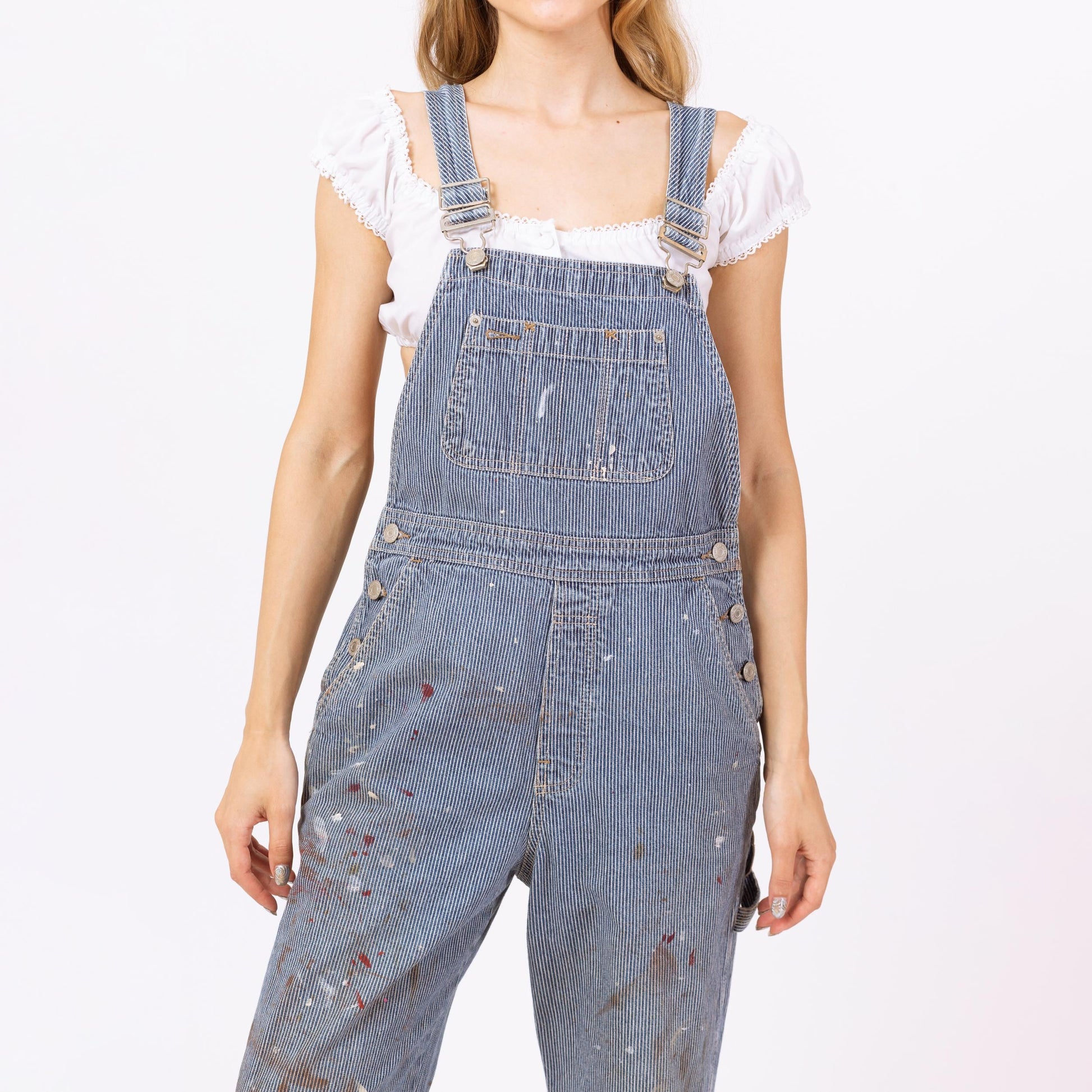 Vintage 90s Hickory Striped Paint Splattered Overalls - XS to Small | Gap Railroad Pinstripe Distressed Blue Jean Denim Women's Overall