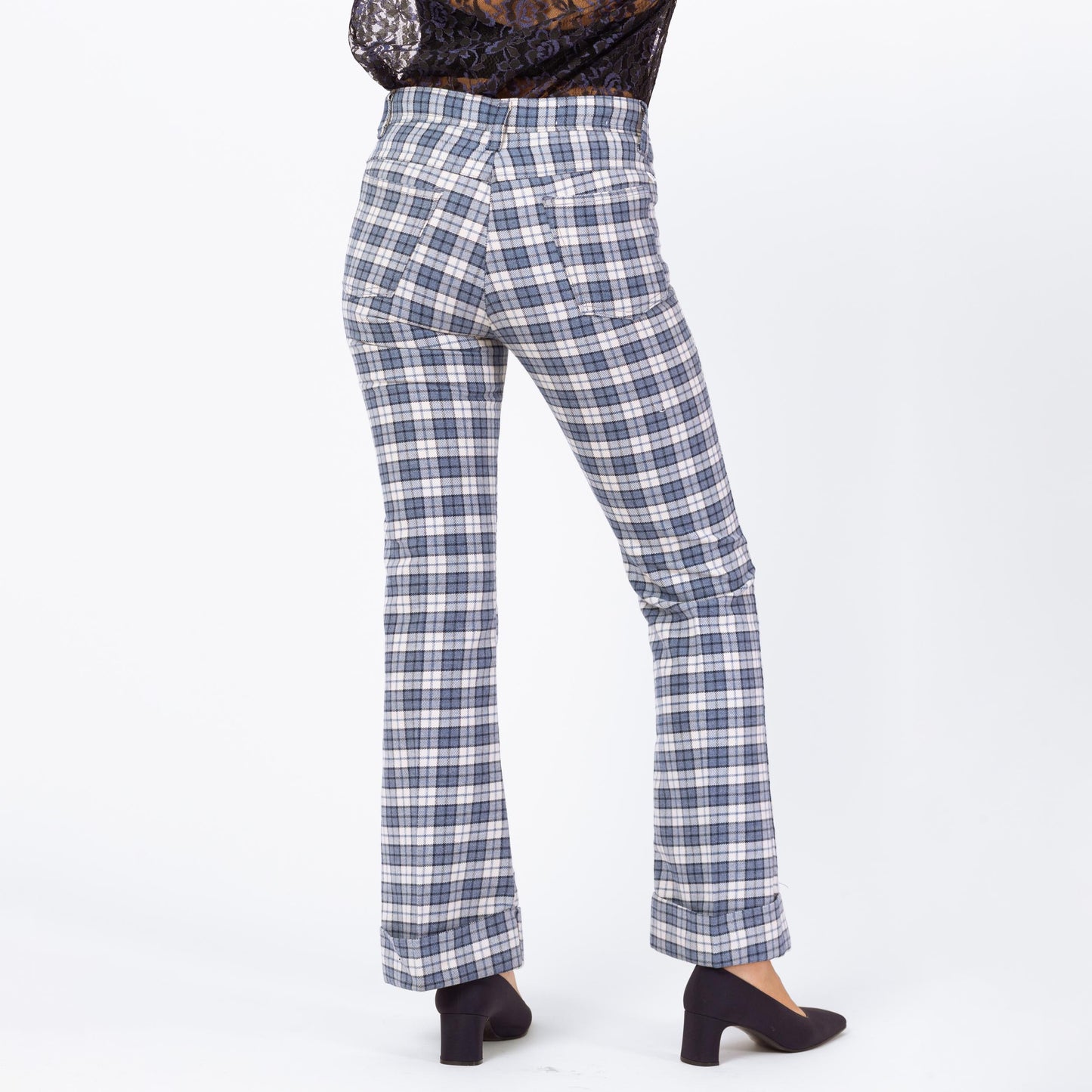 Vintage 70s Blue Plaid Knit Flared Trousers - Men's XS, Women's Small | 1970s High Waisted Fall Pants, Retro Cuffed Woven Trousers