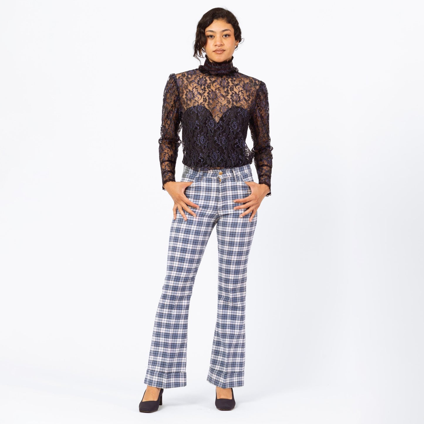 Vintage 70s Blue Plaid Knit Flared Trousers - Men's XS, Women's Small | 1970s High Waisted Fall Pants, Retro Cuffed Woven Trousers