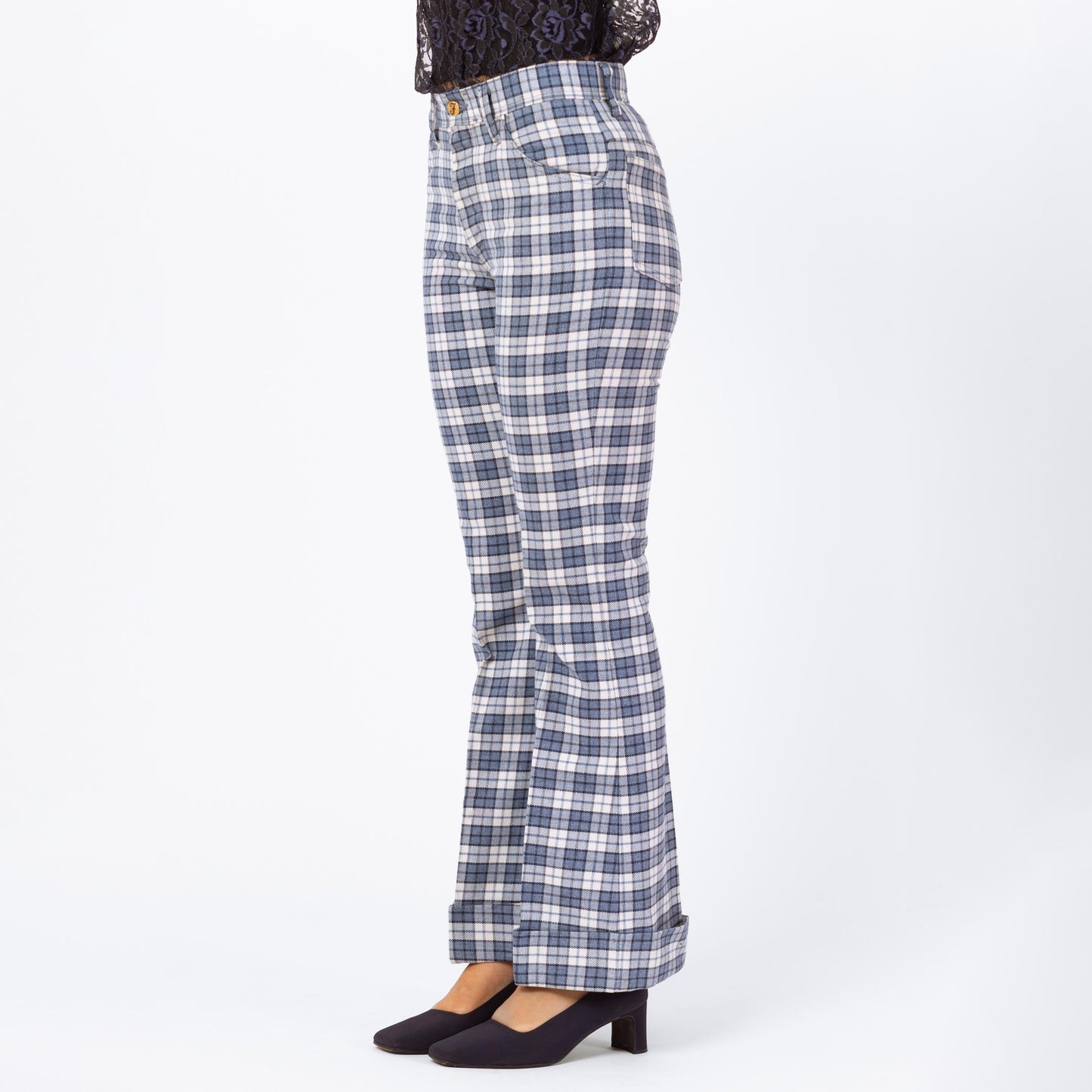 Vintage 70s Blue Plaid Knit Flared Trousers - Men's XS, Women's Small | 1970s High Waisted Fall Pants, Retro Cuffed Woven Trousers